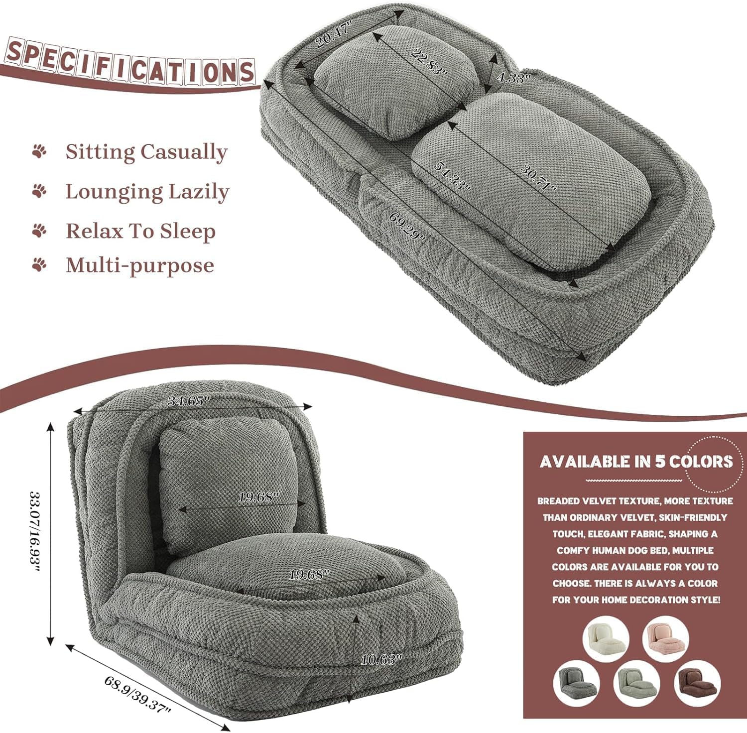 【Upgrade】 3-in-1 Upholstered Human Dog Bed for Adults & Pets, 5-Position Foldable Lounger Lazy Sofa Bed w/2 Soft Pillows,Comfy Convertible Sleeper Chair Bed Bean Bag for Bedroom Living Room (Gray)