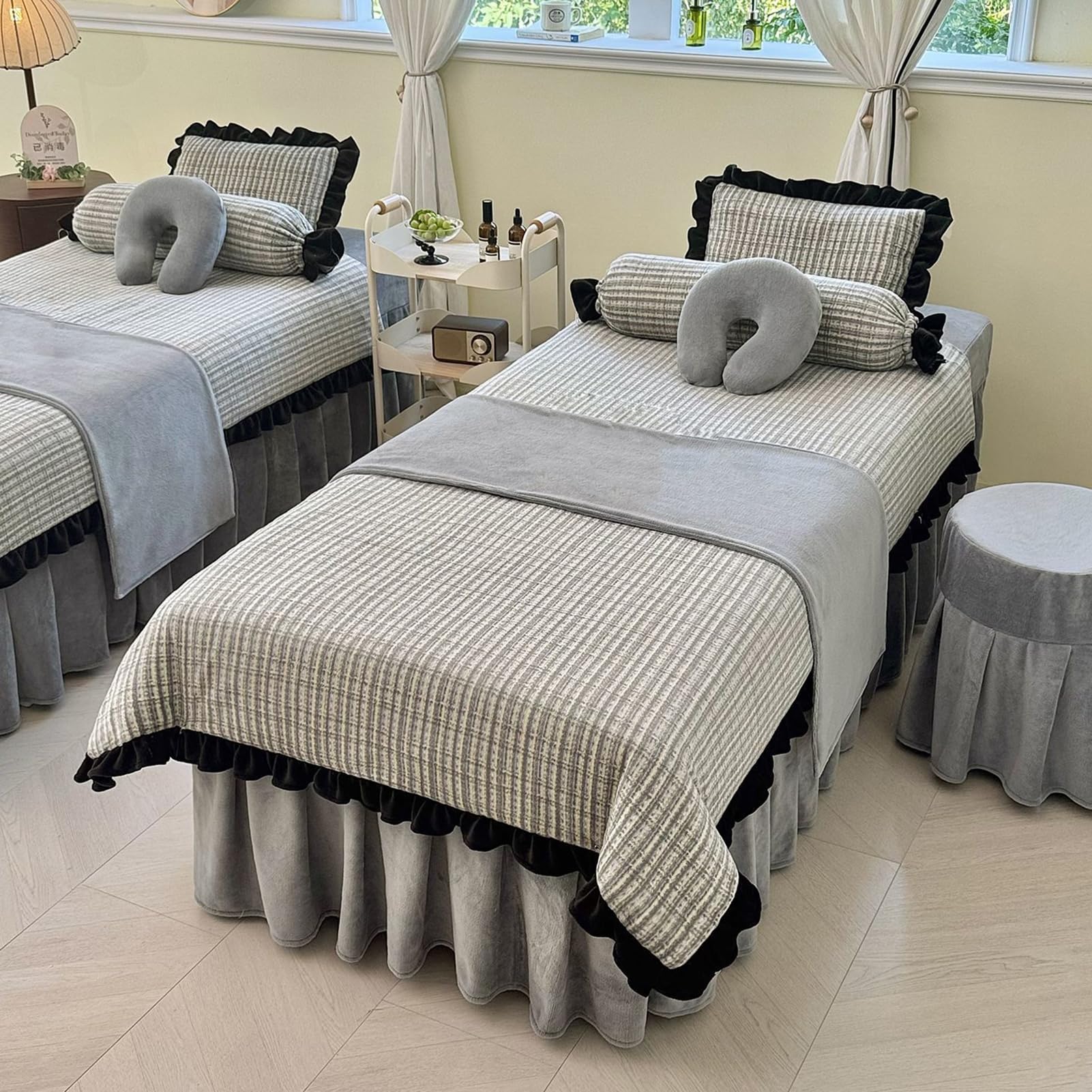 4-częściowy zestaw pościeli do stołu do masażu spa, wielokrotnego użytku pokrowiec na łóżko do masażu kosmetycznego SPA, spódnica do stołu do masażu,Grey,60x180cm(24x71inch)