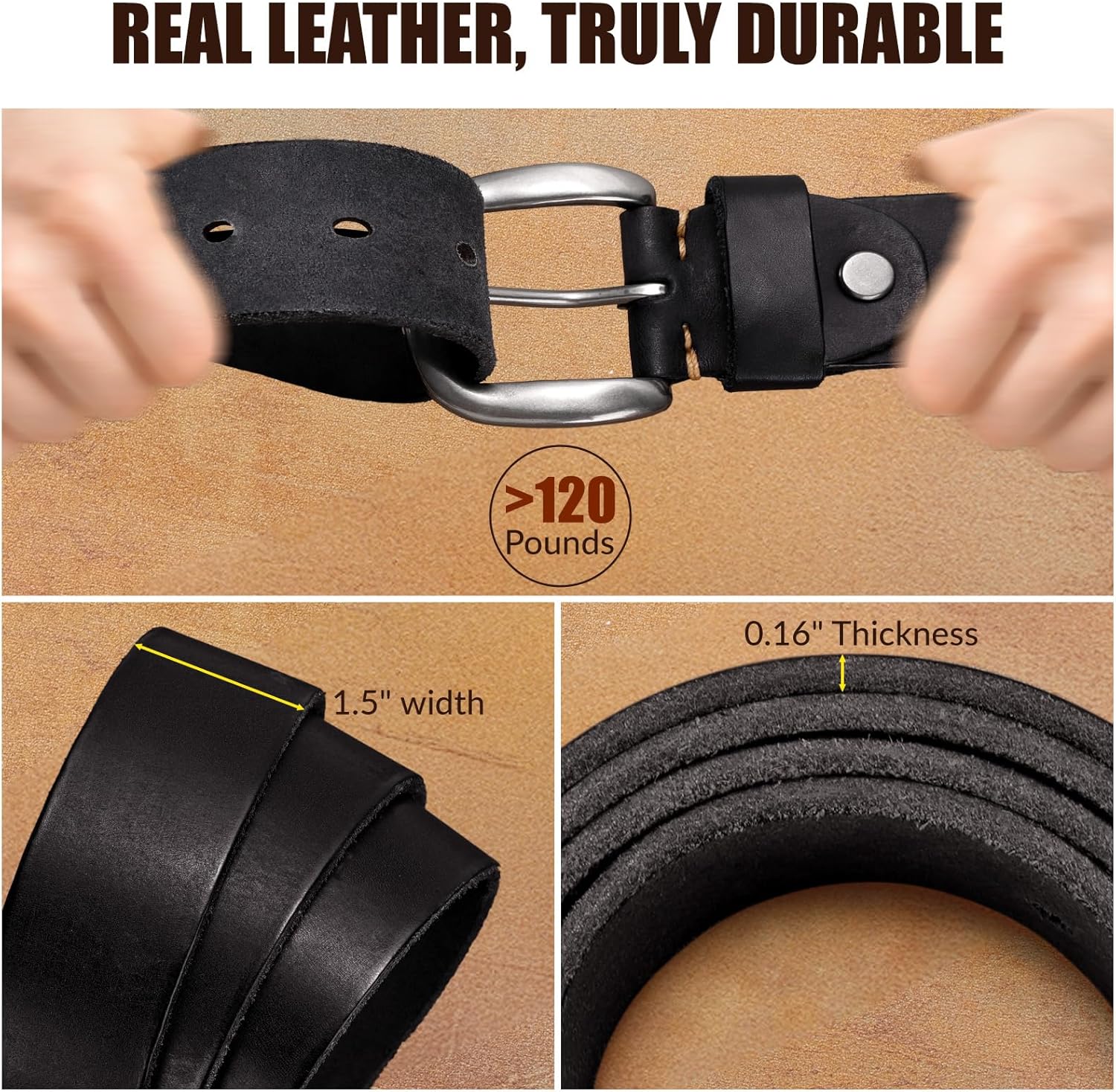 Mens Belts Leather, Thicken Full Grain Leather Belt Heavy Duty for Work, Real Handmade Italian Cowhide with Gift Box - Image 2