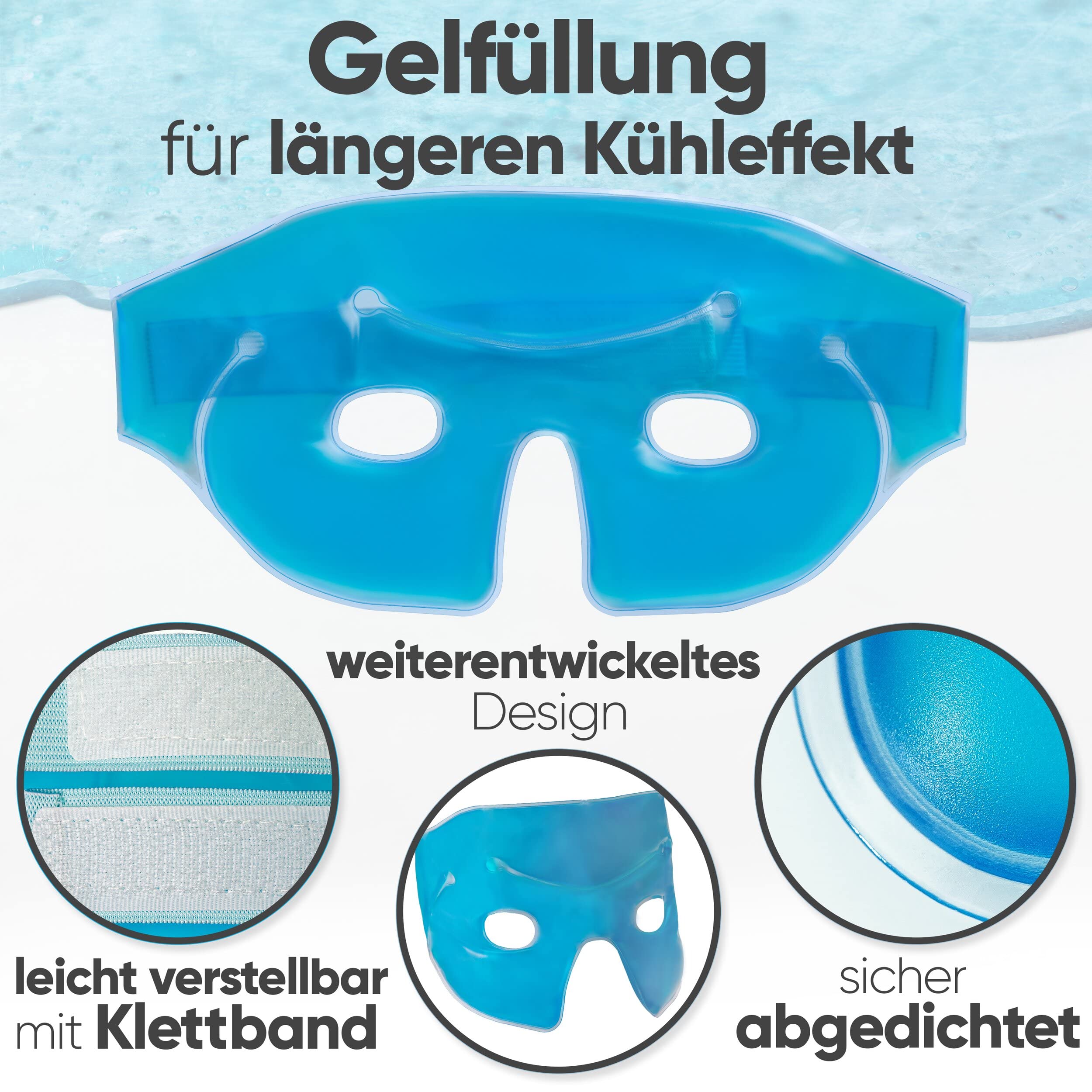 ICEHOF Augenmaske kühlend - Angenehmes Obermaterial, mit Aufbewahrungsbeutel - Kühlbrille mit hochwertigem Gel - Effektiv Stirn bis Wange - Migräne Augen-Kühlmaske Gesicht Migränebrille