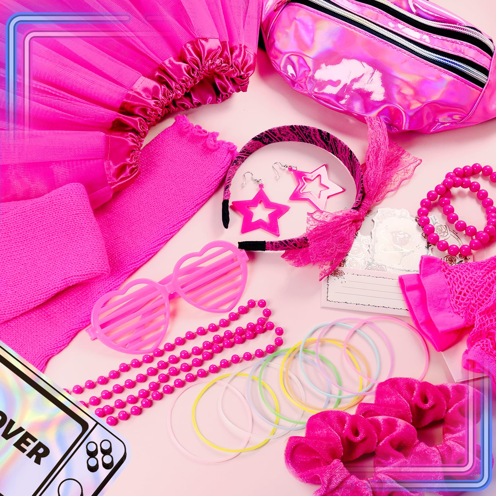 80s Costume Accessories Set for Girls 1980s Fancy Dress Outfit with Tutu Skirt Waist Bag Fishnet Gloves Leg Warmers Earrings Headband Bracelets Necklaces for Halloween Neon Party Cosplay-Pink - Image 3