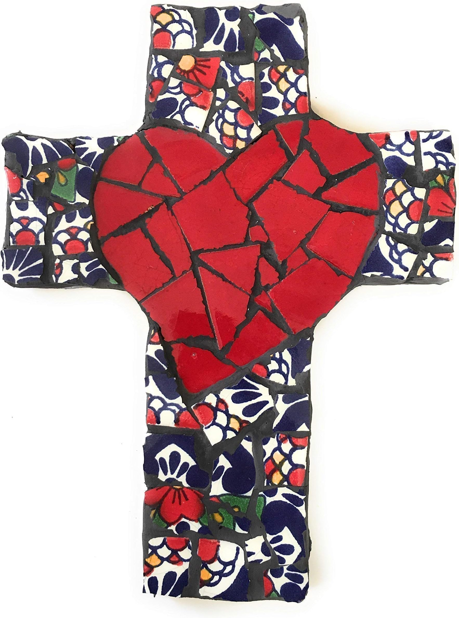 Mexican Tile Talavera Wall Cross Mosaic Red Heart with Multi colored Ceramic tile