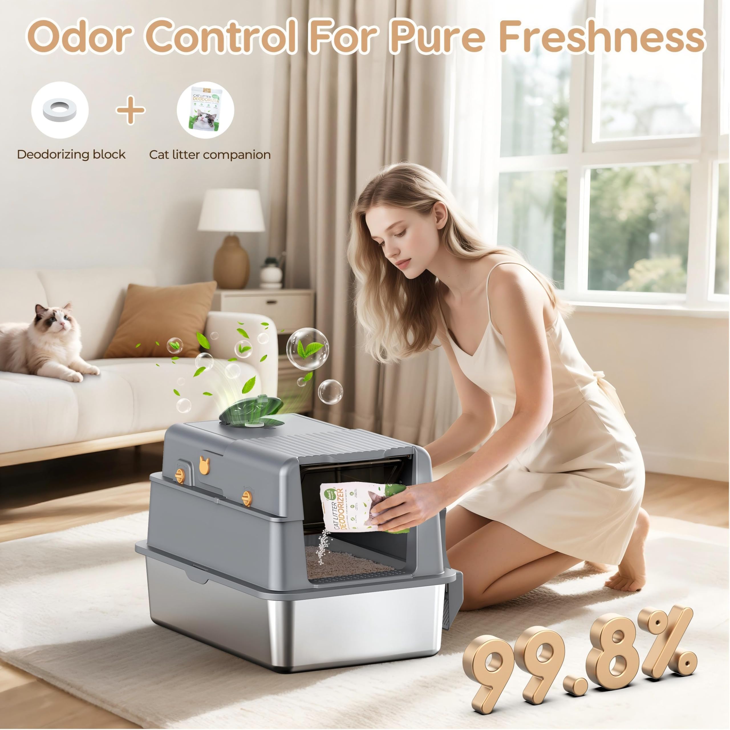 Roestvrij staal Cat Litter Tray met deksel, XXL gesloten Cat Litter Box met hoge zijde voor grote katten, met verwijderbare deksel & scoop, grijs