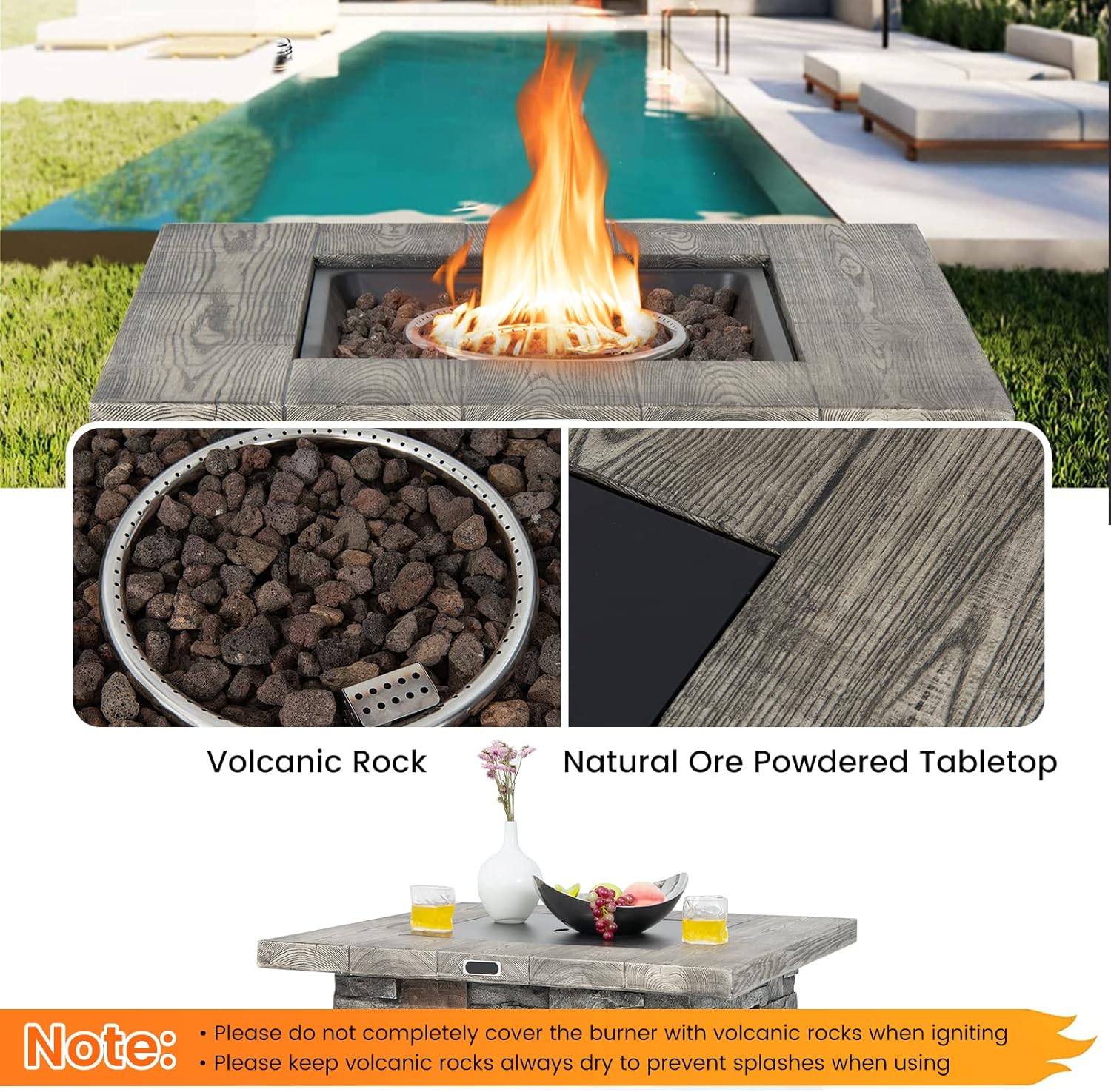 Giantex 34.5" Propane Gas Fire Pit Table - Patio 2-in-1 Outdoor Square Fire Table W/Volcanic Rock & PVC Cover, Stainless Steel Burner, 50,000 BTU Heat Output, Faux Stone Surface, Outside Fireplace