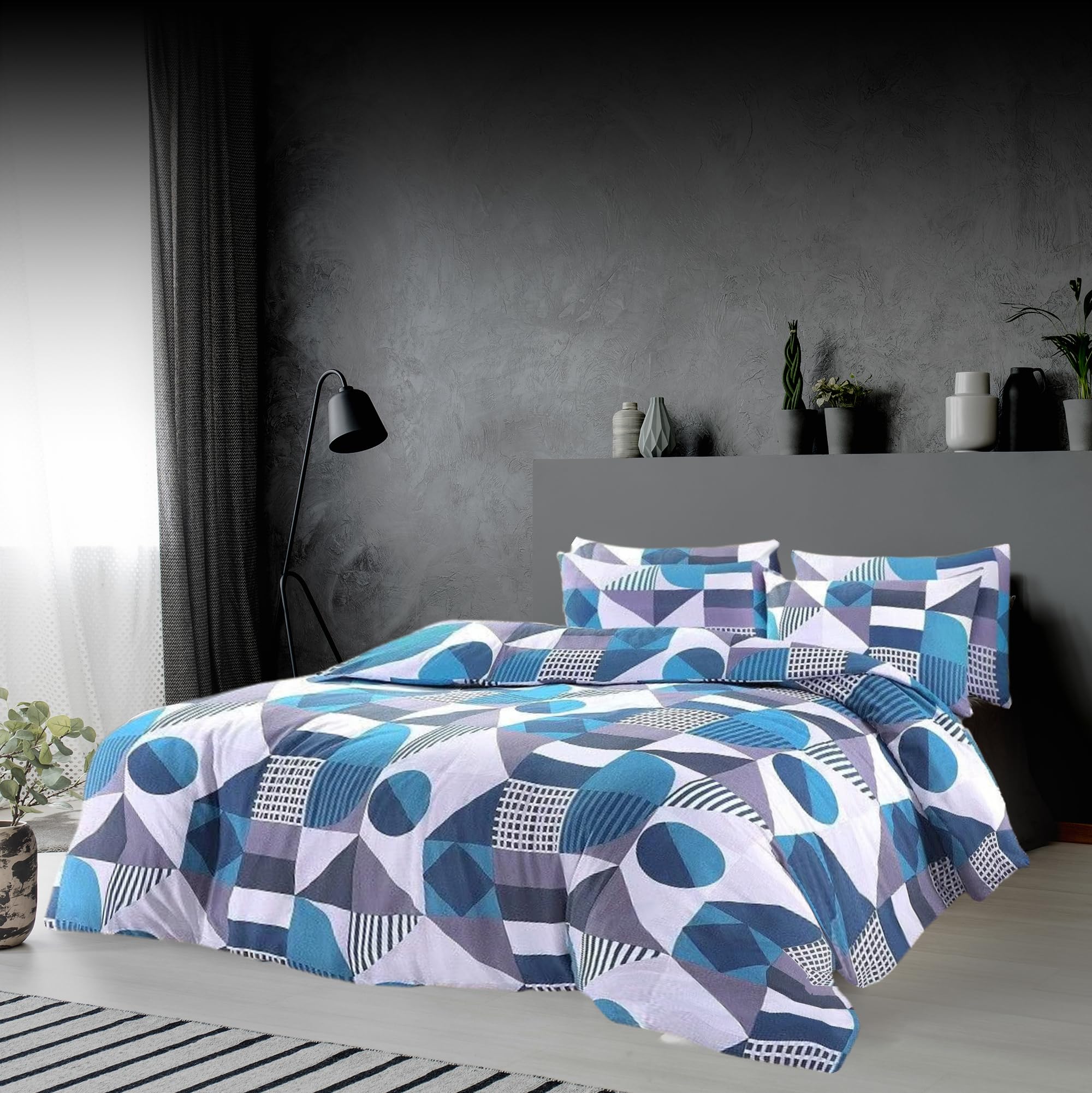 Rohi Luxury Geometric Super King Duvet Cover & Pillowcases – Soft Touch Reversible Printed Blue Bedding Set – Button Closure – Breathable & Anti Allergy Polycotton Duvet Cover Set (Blue, Super King)