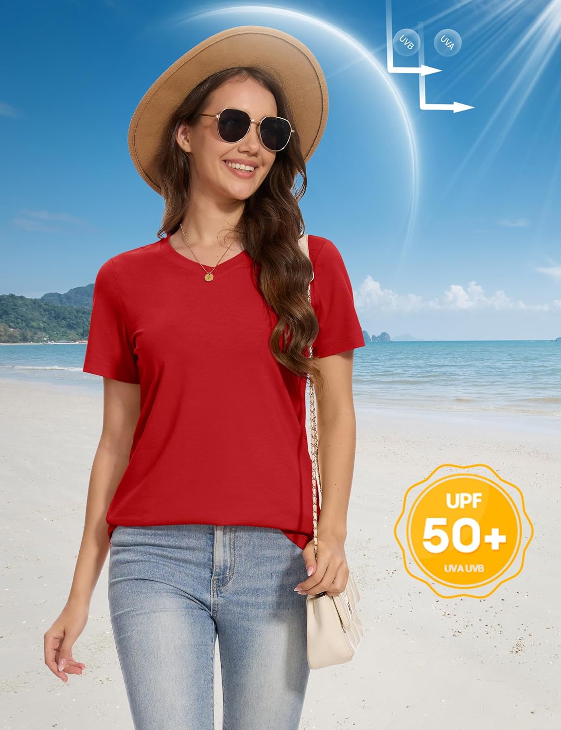 MAGCOMSEN Women's Short Sleeve V Neck Shirts Basic Summer Tops Dressy Casual Classic Fit Tees UPF 50+ Top Tomato Red 2XL - Image 5