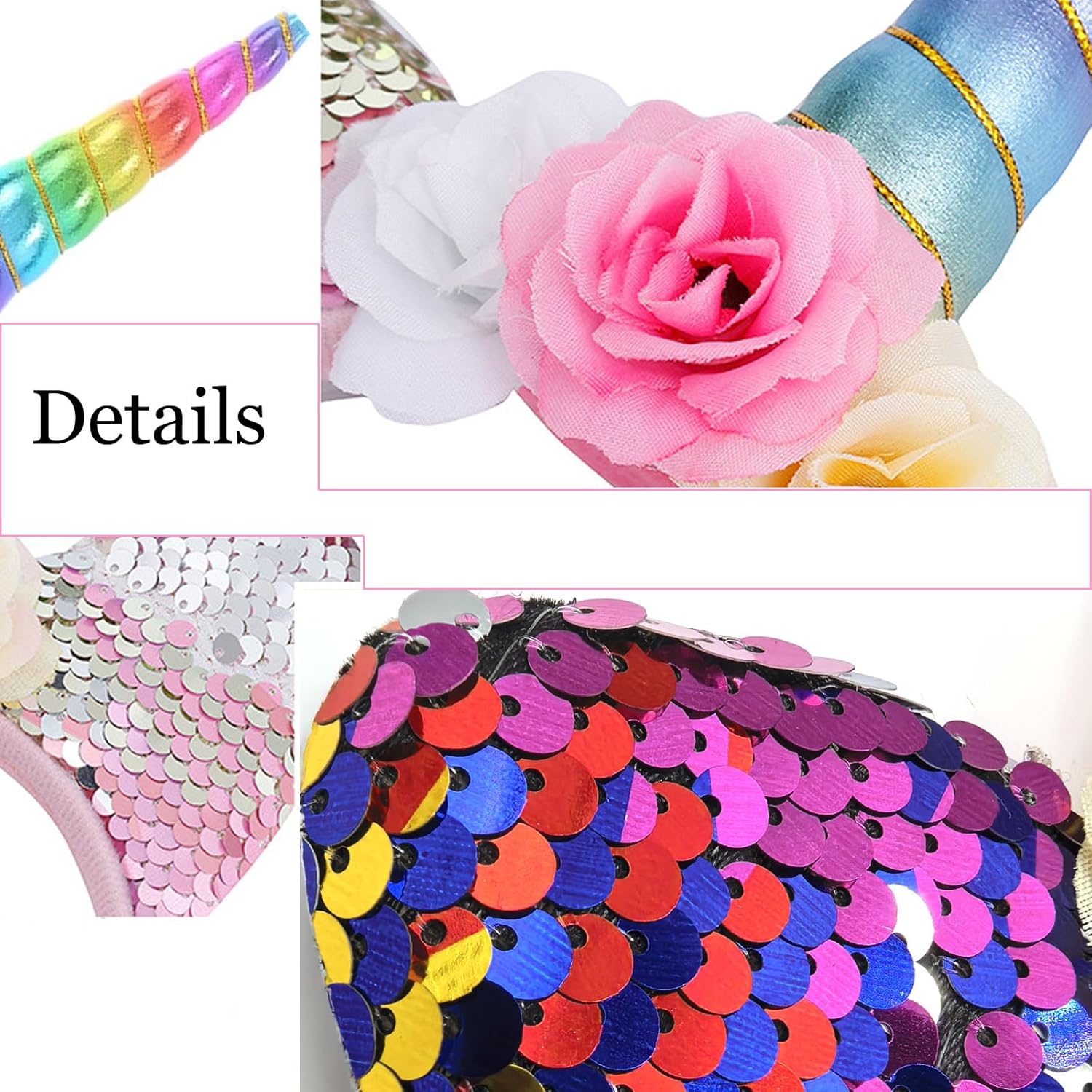 Unicorn Horn Headband with Glitter Ears Flowers Hair Hoop Sparkly Unicorn Hairband - Image 2