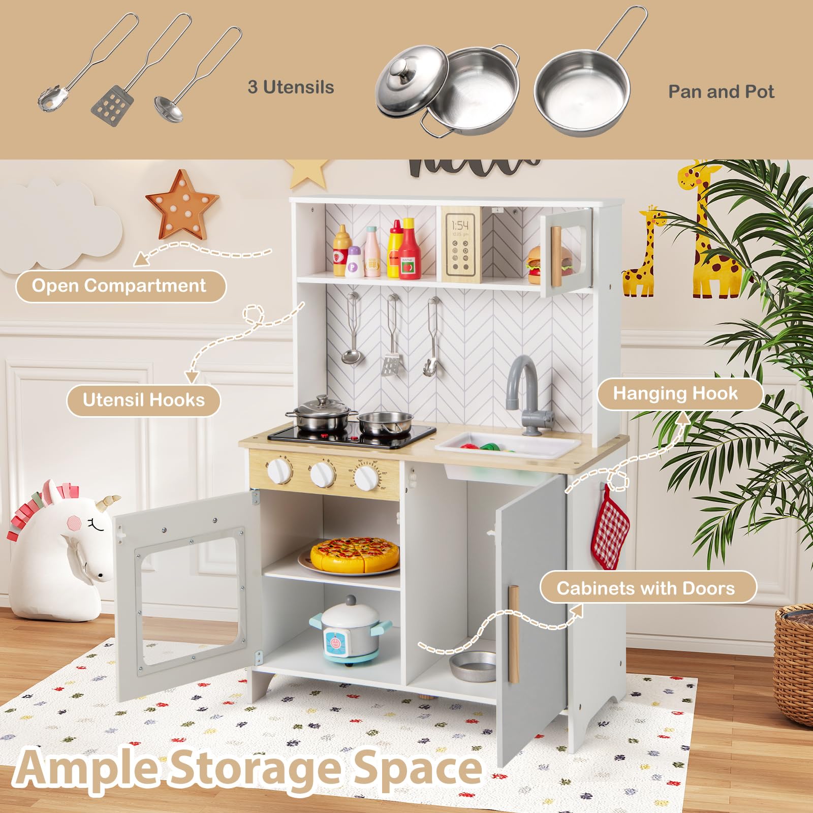 HOMASIS Cucina Giocattolo per Bambini con Luci e Suoni, Cucina Realistica in Legno con 3 Utensili, Rubinetto, Fornello, Microonde e Forno per Bambini da 3+ Anni (Bianco)