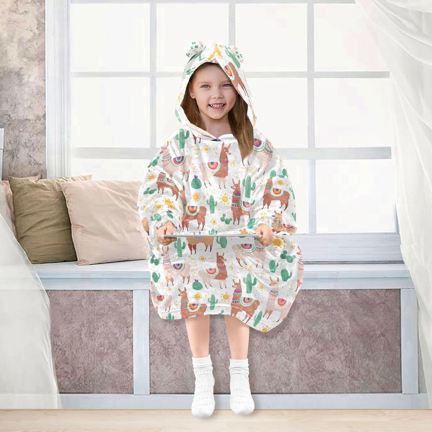 Cute Alpaca Kids Wearable Blanket Hoodie with Pocket and Sleeves for Toddlers, Cute Hoodies Girls Boys B0404039