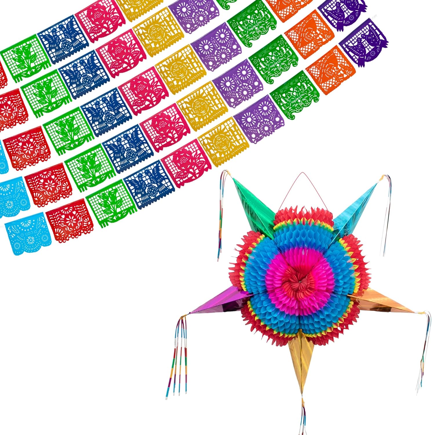 Mexican Piñata (X-Large 36 Inches) + Mexican Party Banners (5 Pack - 10 Plastic Flag Designs per banner) - Papel Picado Banner - Large Pinata
