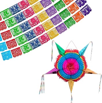 Mexican Pinata Medium 26 Inches + Mexican Party Banners 5 Pack - 10 Plastic Flag Designs per banner - Papel Picado Banner - Pinata for Birthday Party