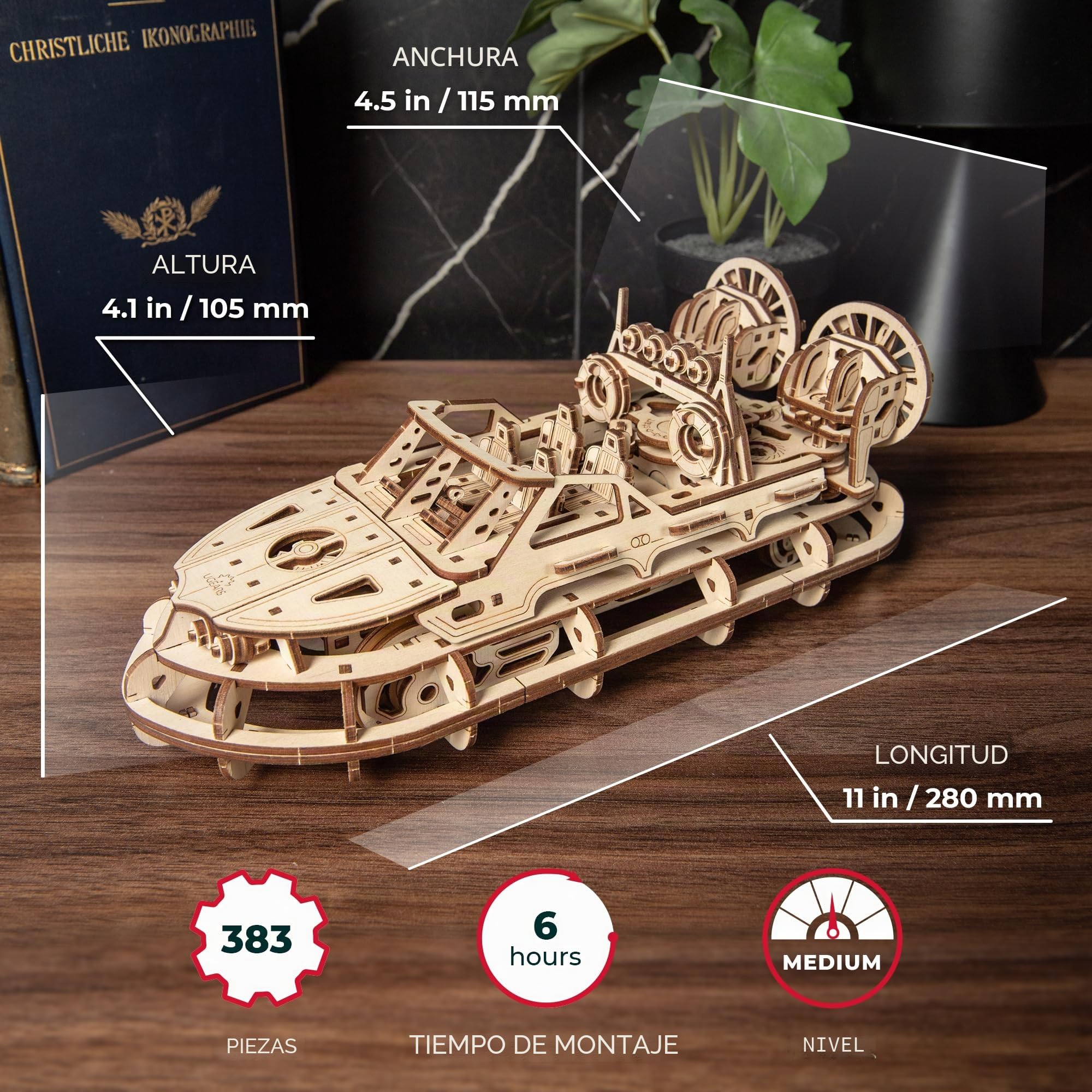 UGEARS Hovercraft de Rescate - Maquetas para Construir Adultos - Puzzle 3D Madera Aerodeslizador - Maqueta Barco Madera Mecánica con Detalles Realistas - Ideal para Amantes de Maquetas y Puzzles 3D