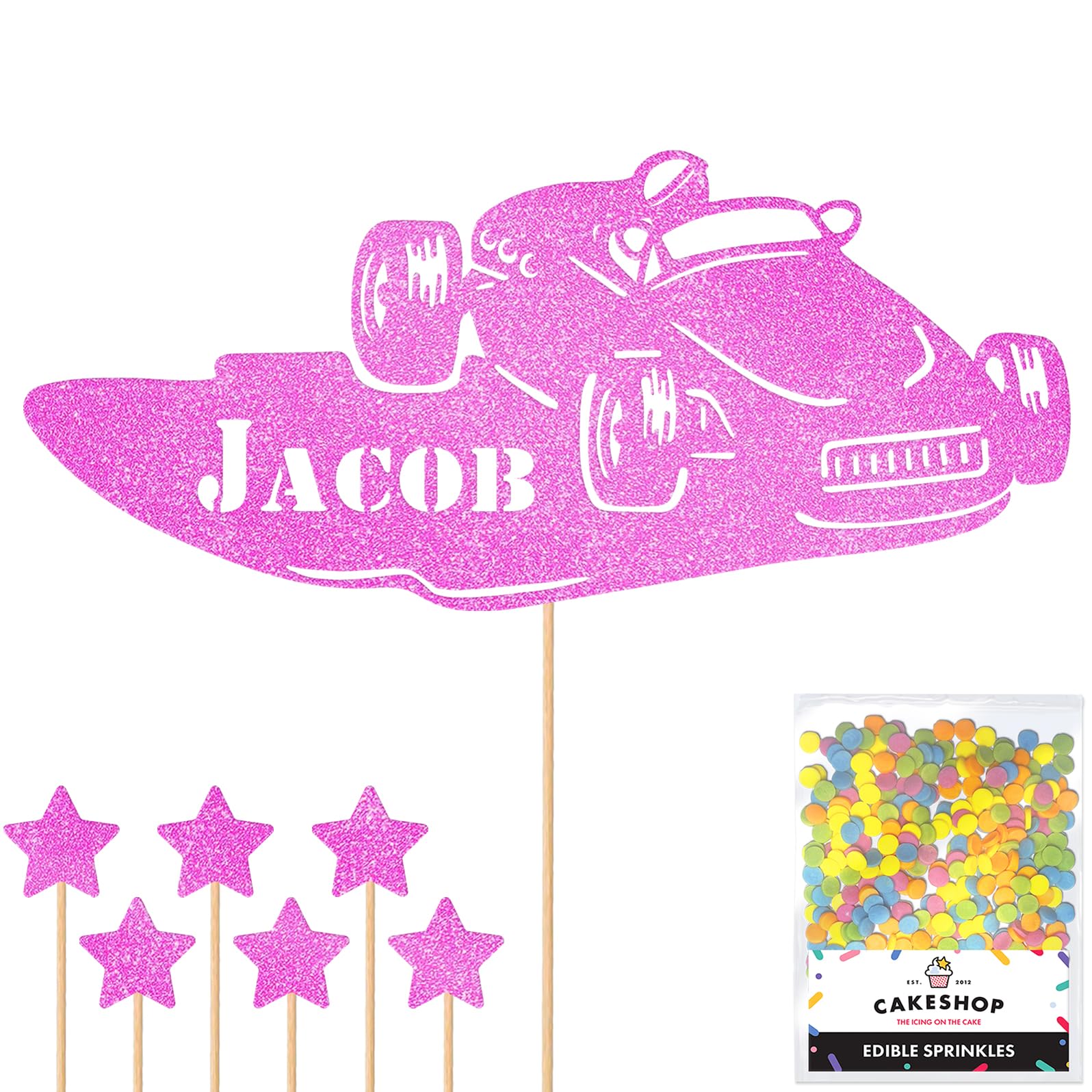 Personalised Classic Vintage Car Glitter Topper - Light Pink Custom Name Glitter Cake Decoration and Sprinkles - Happy Birthday Decorations - Personalised Toppers for Cakes by Cakeshop