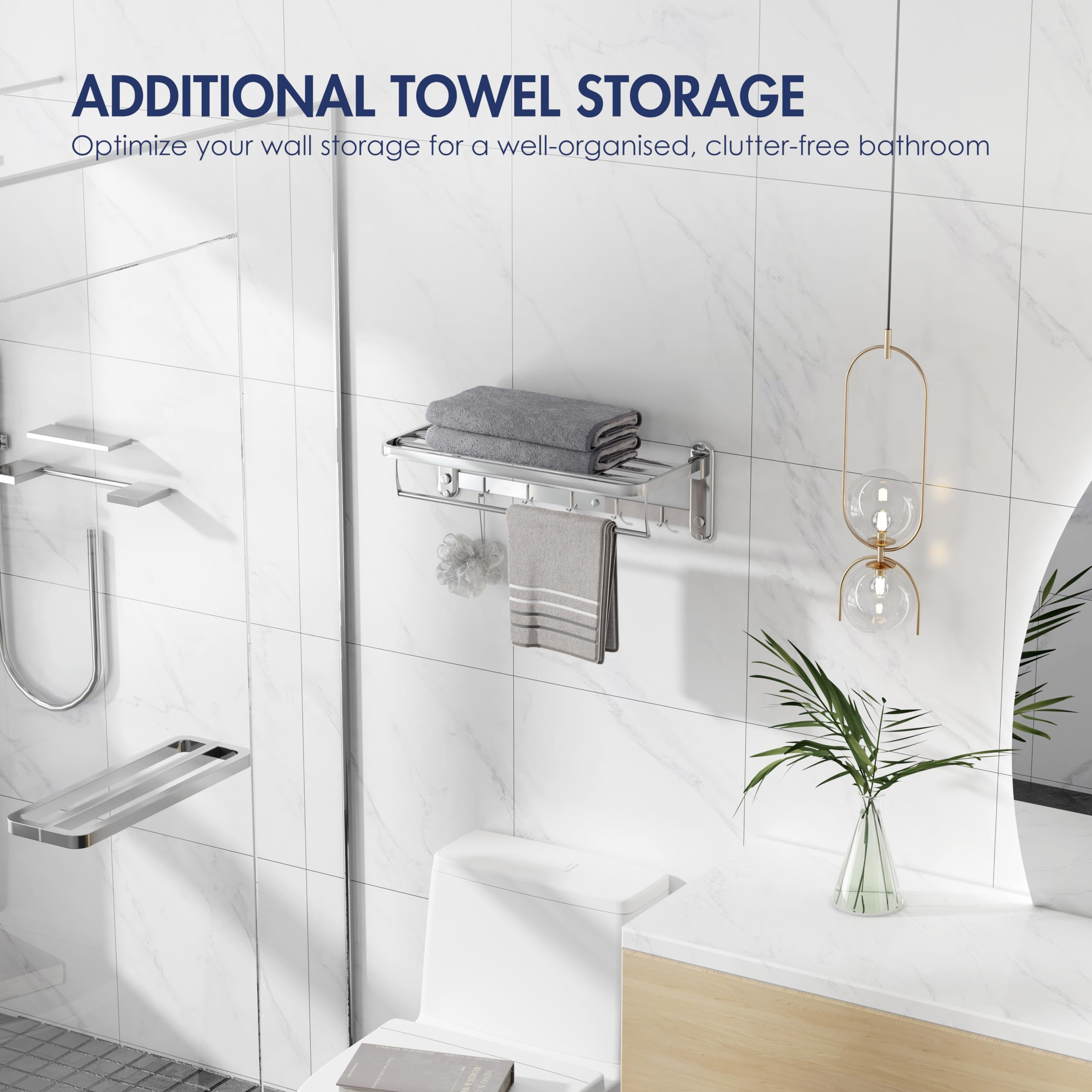Eridanus Estante de Toallas, Toallero Doble Plegable de Acero Inoxidable de Pared, Estantería de Almacenamiento para Baño con Barras y Ganchos(60x19x24cm)