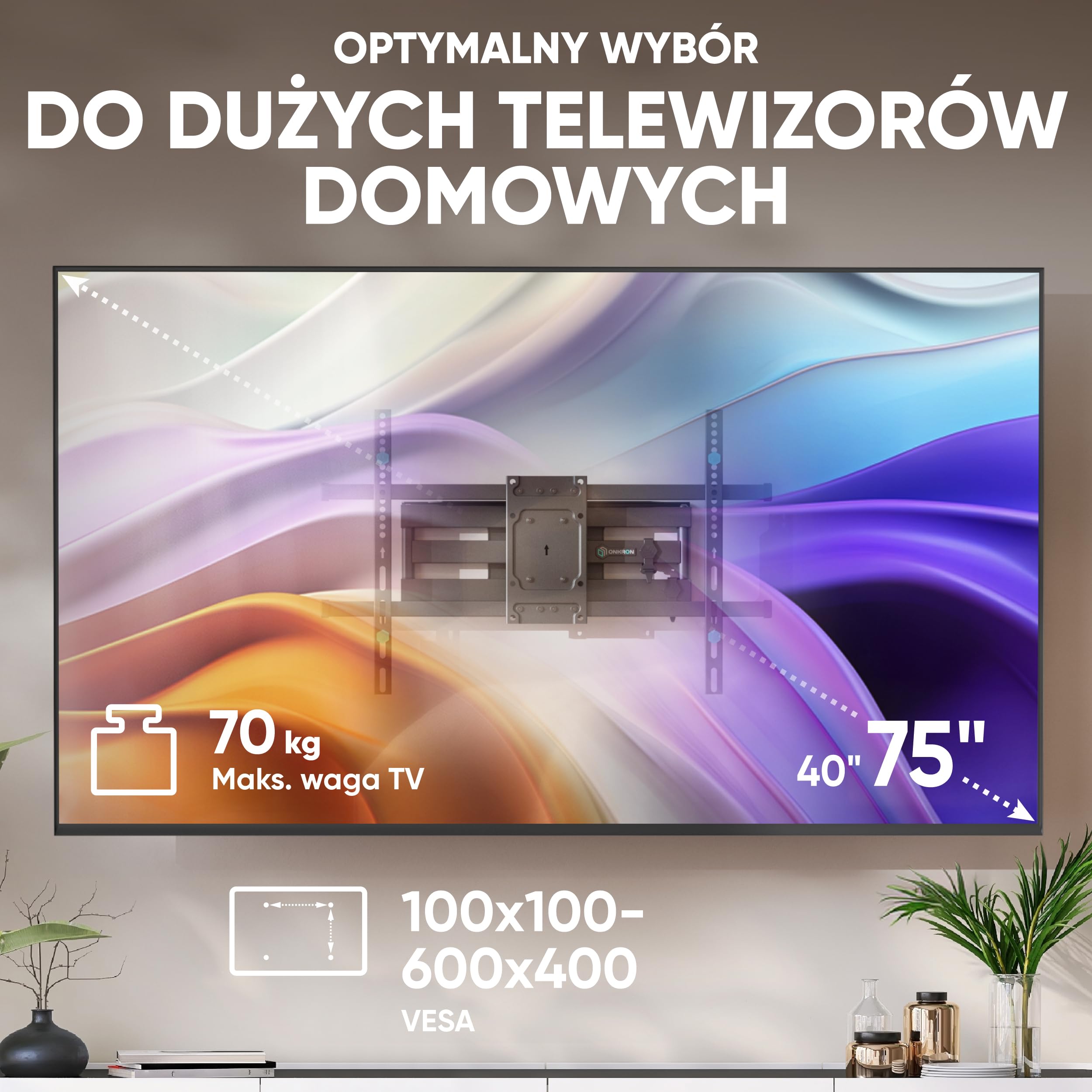 ONKRON Wieszak na Telewizor 40-75 Cali, maks. 70 kg, Obrotowy i Pochylany Uchwyt Ścienny na TV, VESA 100x100-600x400, Uniwersalny Wysuwany Ramię do Telewizora, Czarny M6L-B
