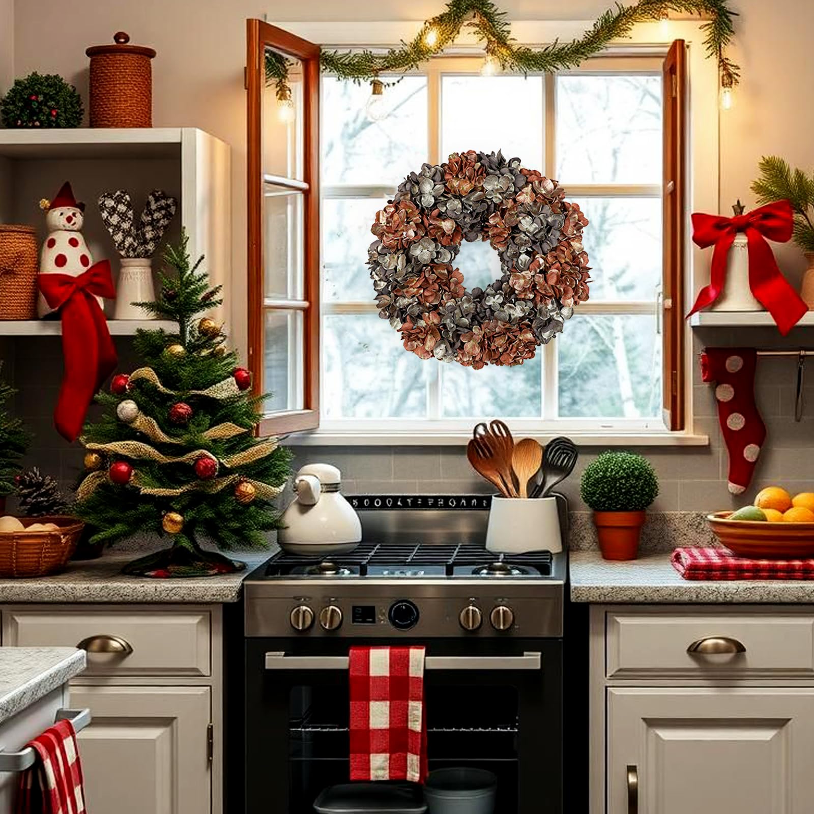 60cm Künstlich Hortensien Weihnachtskranz Deko Türkranz Kunstkranz Künstlich Türkranz für Weihnachten Künstlicher Adventskranz für Haustür, Hauswandbehang oder Weihnachtsdekoration, Winterschmuck