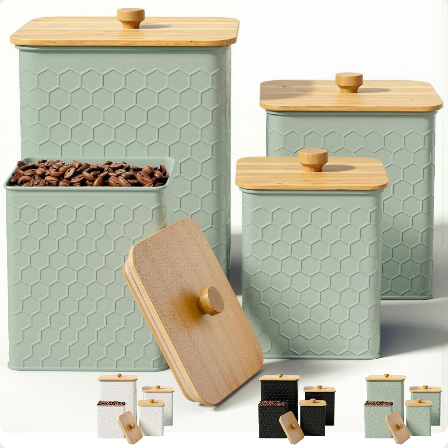 Kitchen Canisters for Countertop Set of 4 - Textured Iron Kitchen Canisters with Airtight Lids - Flour Sugar Canister Set - Flour and Sugar Containers Farmhouse - Coffee Jar for Counter - Green Jar x4