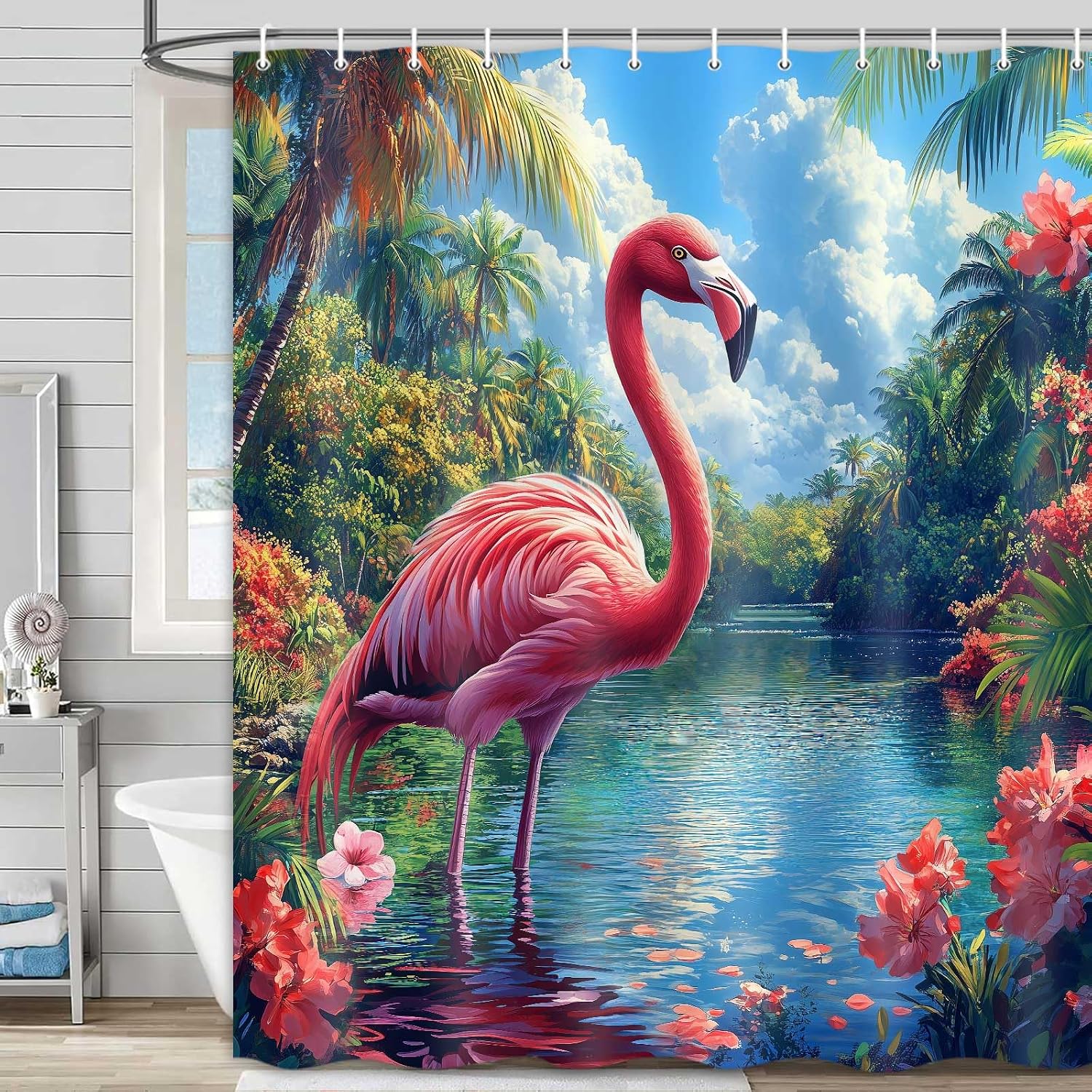 Pink Flamingo Shower Curtain Tropical Leaves Green Plants Tropical Shower Curtain Waterproof and Occlusion Summer Bathroom Modern Watercolor Home Bathtubs Waterproof Fabric Shower Curtains 71X84 in