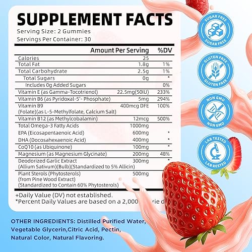 Miniatura 2 de Paquete de 2 gomitas veganas Omega 3 de 1000 mg+CoQ10+magnesio - con algas EPA 600 mg y DHA 400 mg, suplementos de aceite de pescado omega-3