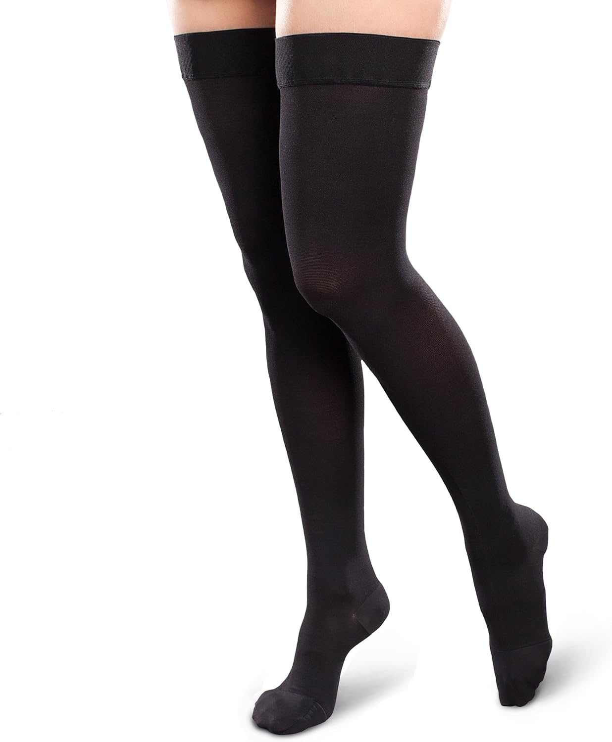 Ease Opaque Women's Support Thigh High Stockings - 15-20mmHg Mild Compression Nylons (Black, Medium Short)
