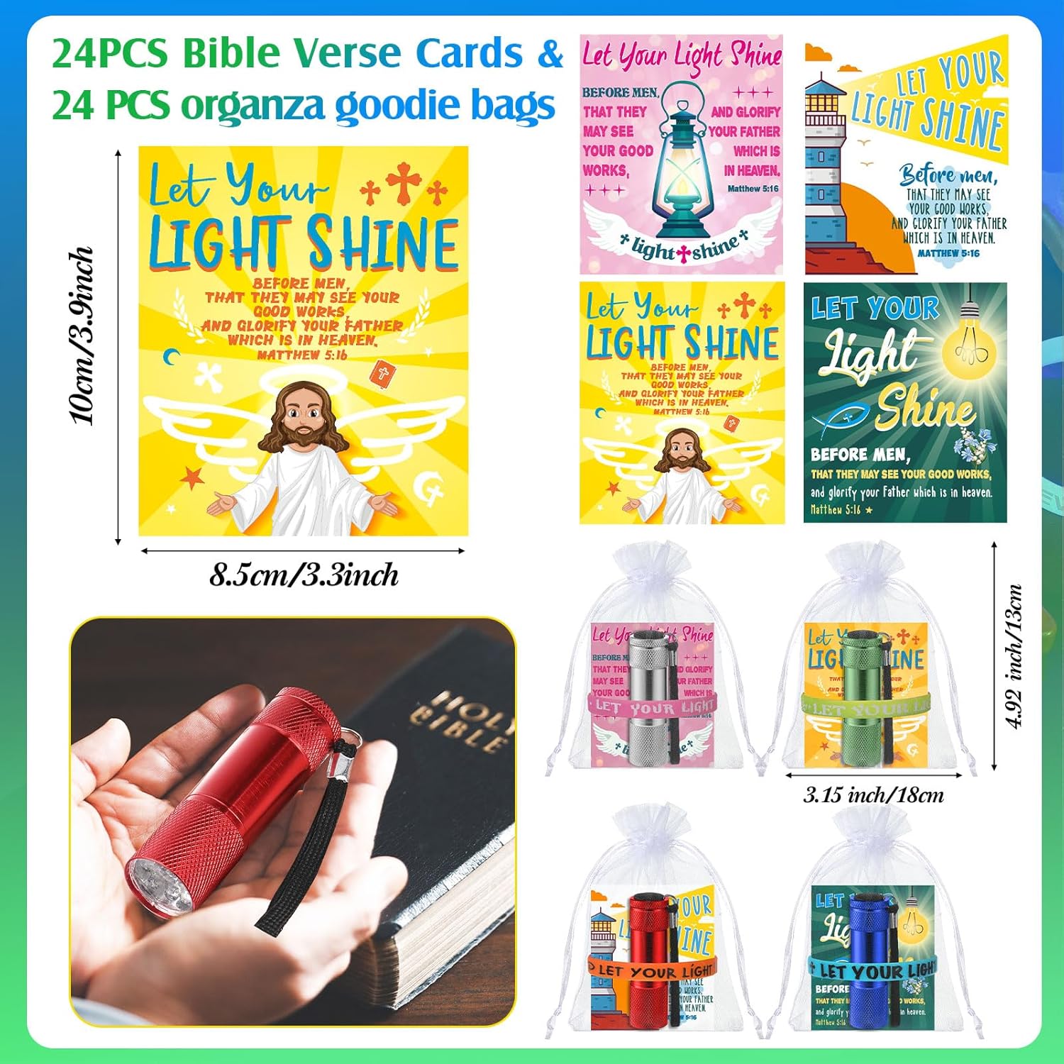 Flutesan 96 Pcs Easter Let Your Light Shine Gifts Glow in Dark Christian Religious Mini Flashlights Bulk Silicone Bracelets Bible Verse Cards Bags for Baptism Party Trunk or Treat Stuffed Gifts