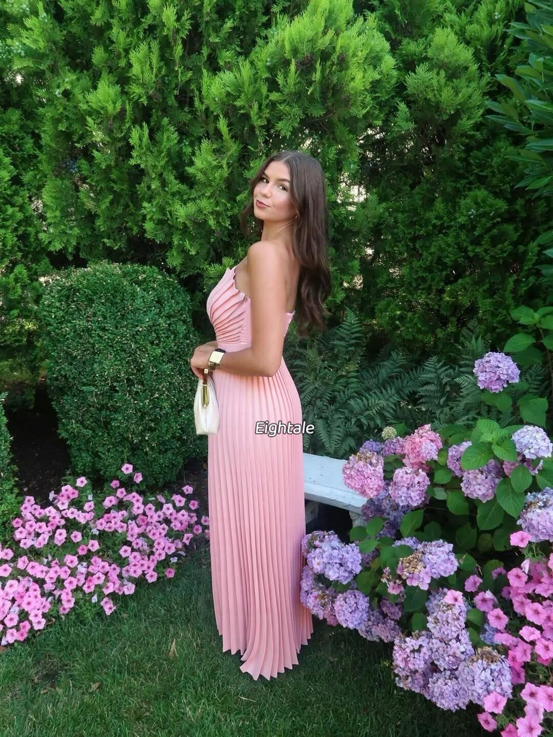 Eightale Strapless Satin Bridesmaid Dress Long Pleated A-Line Formal Evening Party Gown - Image 3