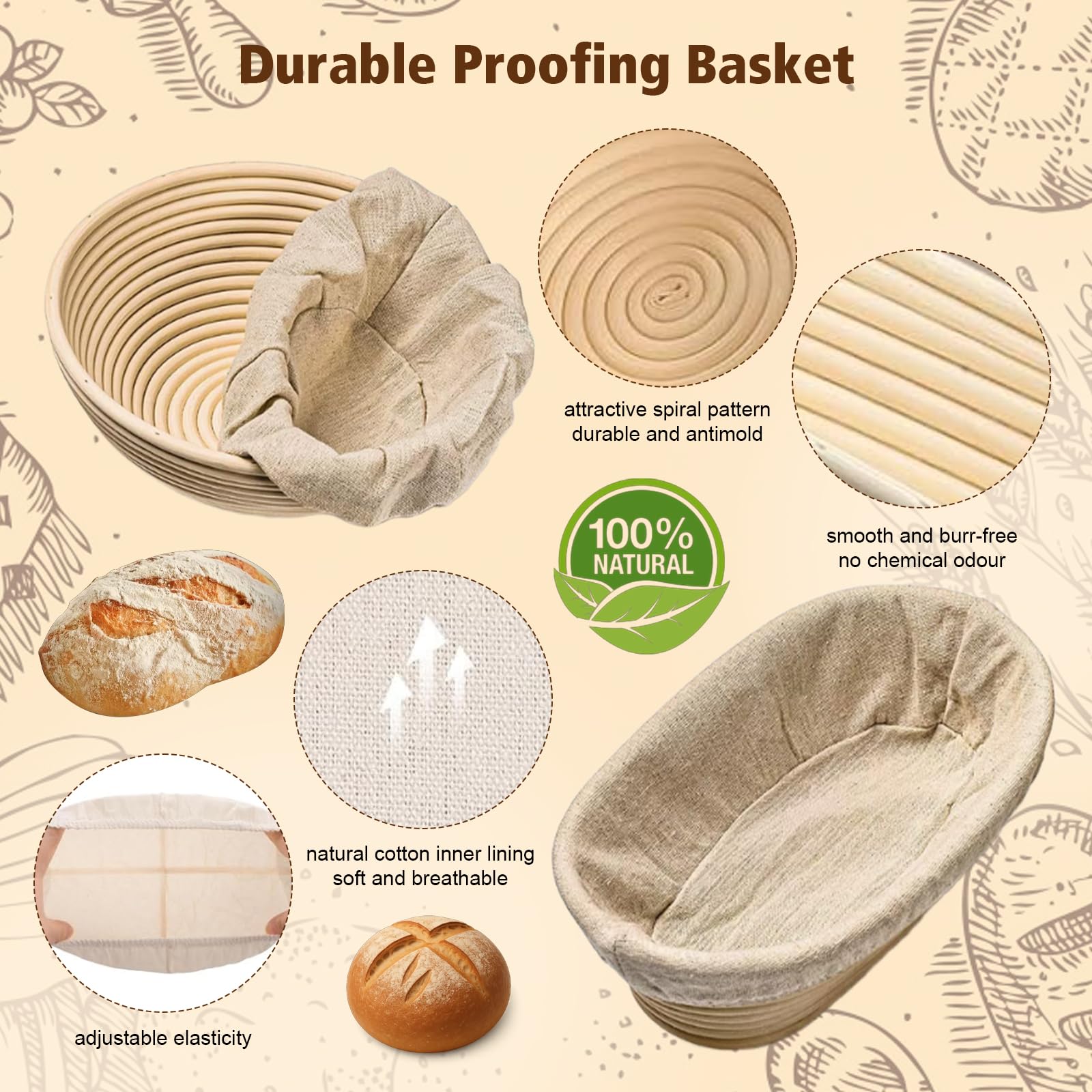 Banetones para Pan Kit, Cesta Fermentación Masa Madre con Banneton, Cuchillo para Pan, Mezcladora, 17 Piezas Kit Pan Casero para Principiantes, Sourdough Starter Kit Completo