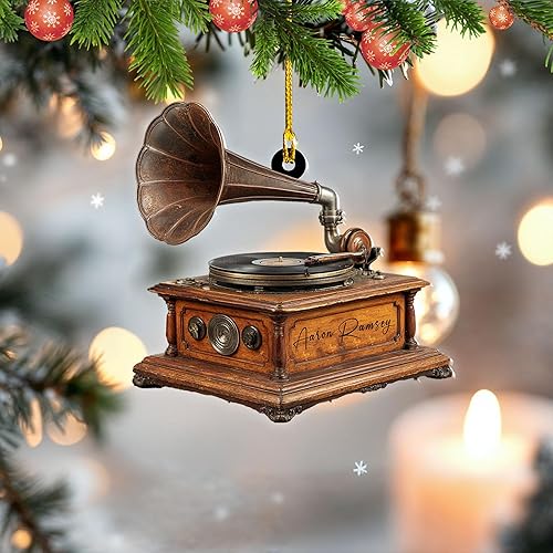 Miniatura 11 de Adorno de Navidad personalizado, máquina de discos de vinilo, adorno plano 2D, adorno para tocadiscos, instrumento musical, decoración de árbol de
