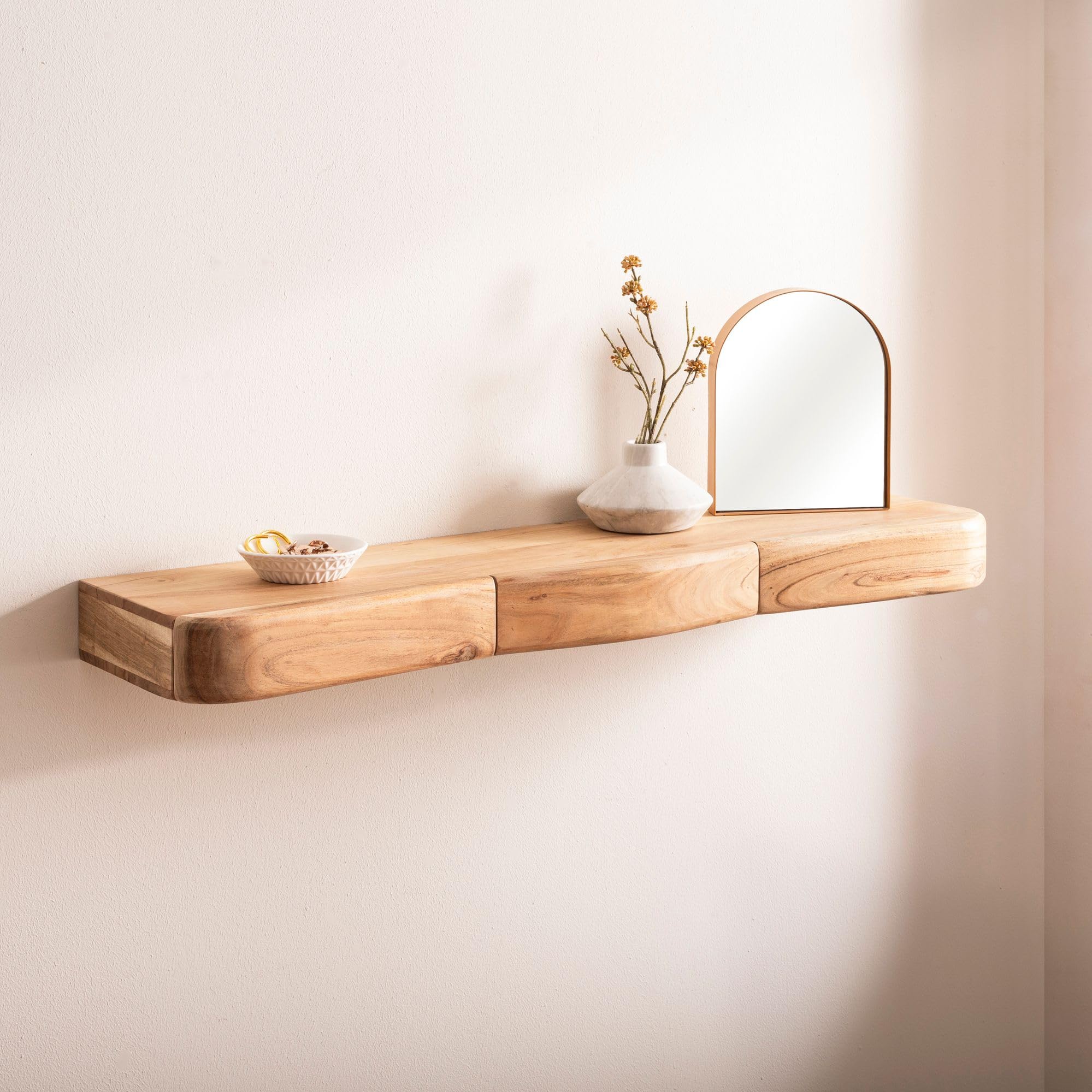 FineBuy Wandregal Akazie Massivholz 100cm mit DREI Schubladen - Design Regal für die Wand - Holz Wandboard mit Stauraum - Schwebendes Hängeregal aus Echtholz
