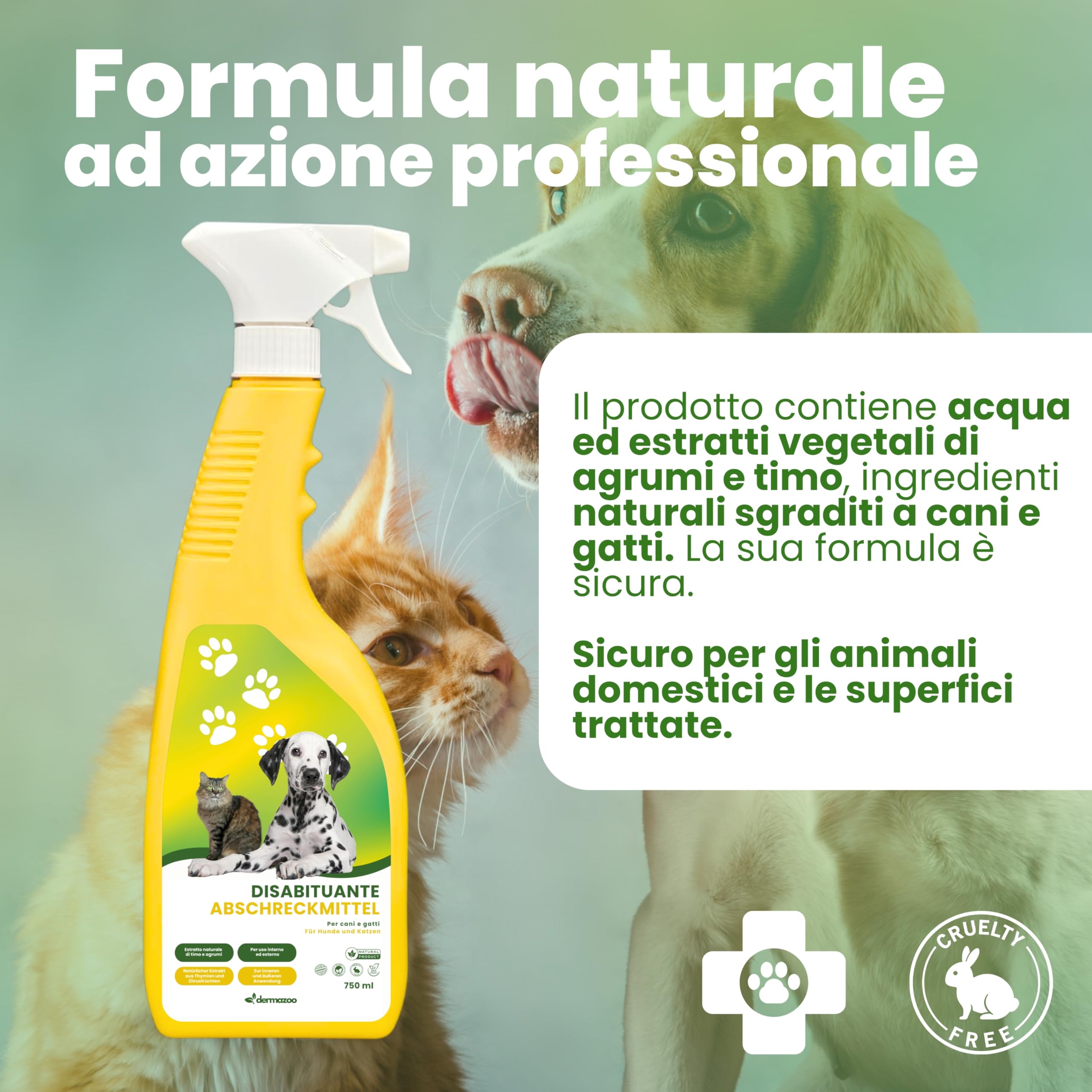 Dermazoo Spray Repellente per Gatti da Esterno e Interno 750ml, Disabituante Gatti, Disabituante per Cani, Spray Addestrativo Anti Pipi Cani, Casa e Giardino