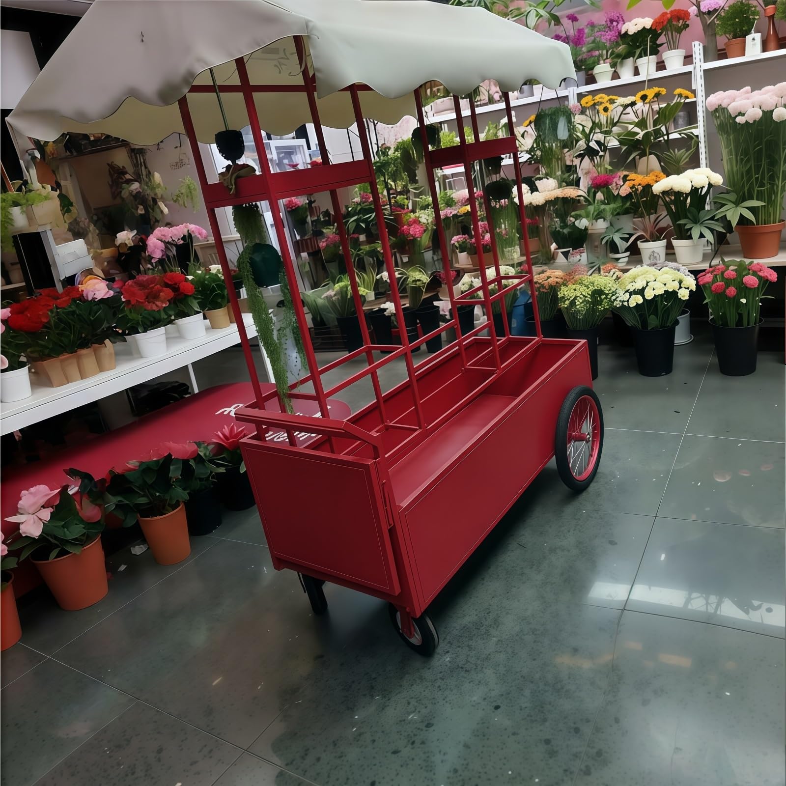 Imbisswagen mit Lenkrollen, Verkaufswagen for Blumen – for Parks, Einkaufszentren, Spielplätze(Red)