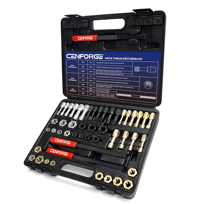 Kit de Reparo e Recuperação de Roscas CENFORGE com Machos, Cossinetes e Lima para Roscas UNC, UNF e Métricas, 49 peças