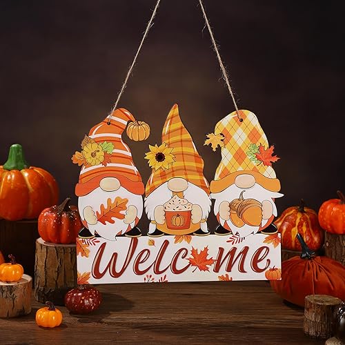 Miniatura 4 de Decoración de otoño para puerta delantera, letreros de puerta de gnomo de otoño, letreros de bienvenida de otoño, adorno colgante de madera para