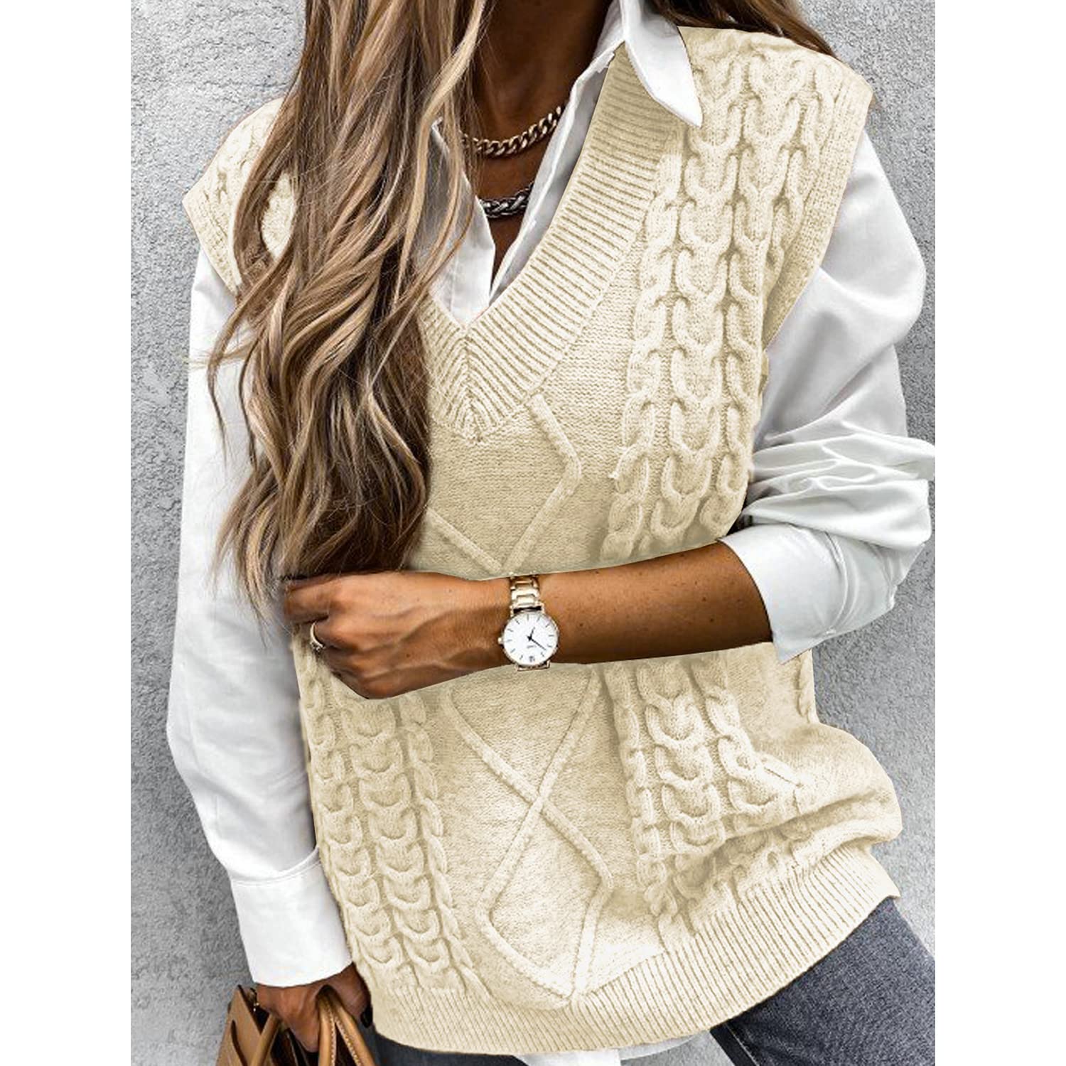 Niwicee Maglione Senza Gilet Donna Scollo a V Pullover Maglioni Invernali Maniche Maglione Smanicato Invernale Elegante Maglia Gilet Smanicato