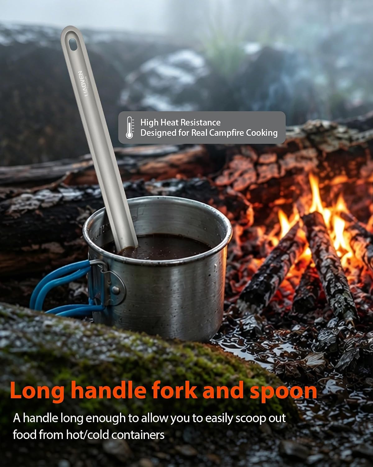 3-in-1 Titanium Long Handle Spork and Spoon Set – Converts to a Food Tong