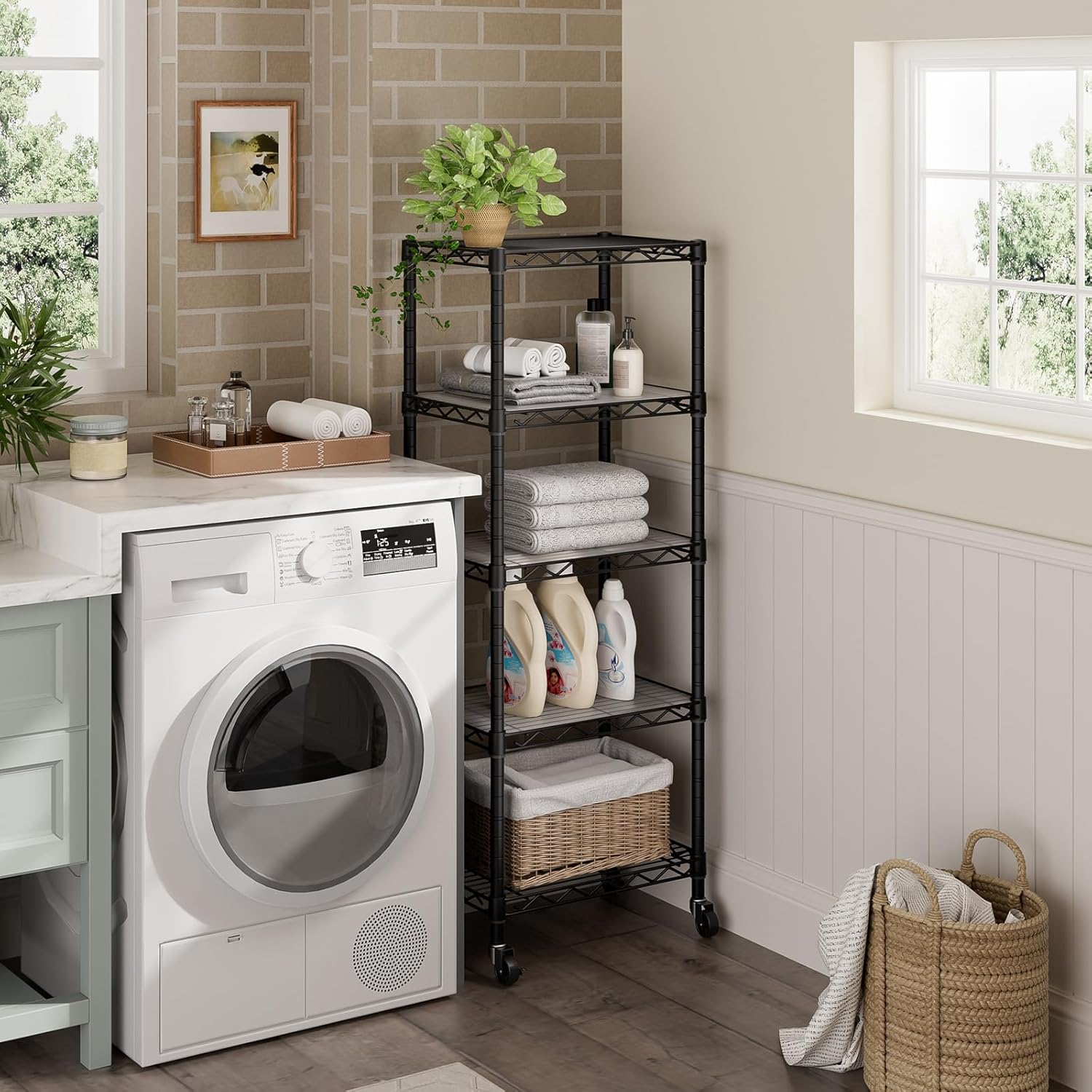 Small 5 Tier Shelves Storage Wire Shelving Unit Metal Shelf Adjustable Organizers Storage Shelving with Wheels for Bathroom Laundry Room Kitchen Pantry12”D x 18”W x 57.2”H Black - Image 9