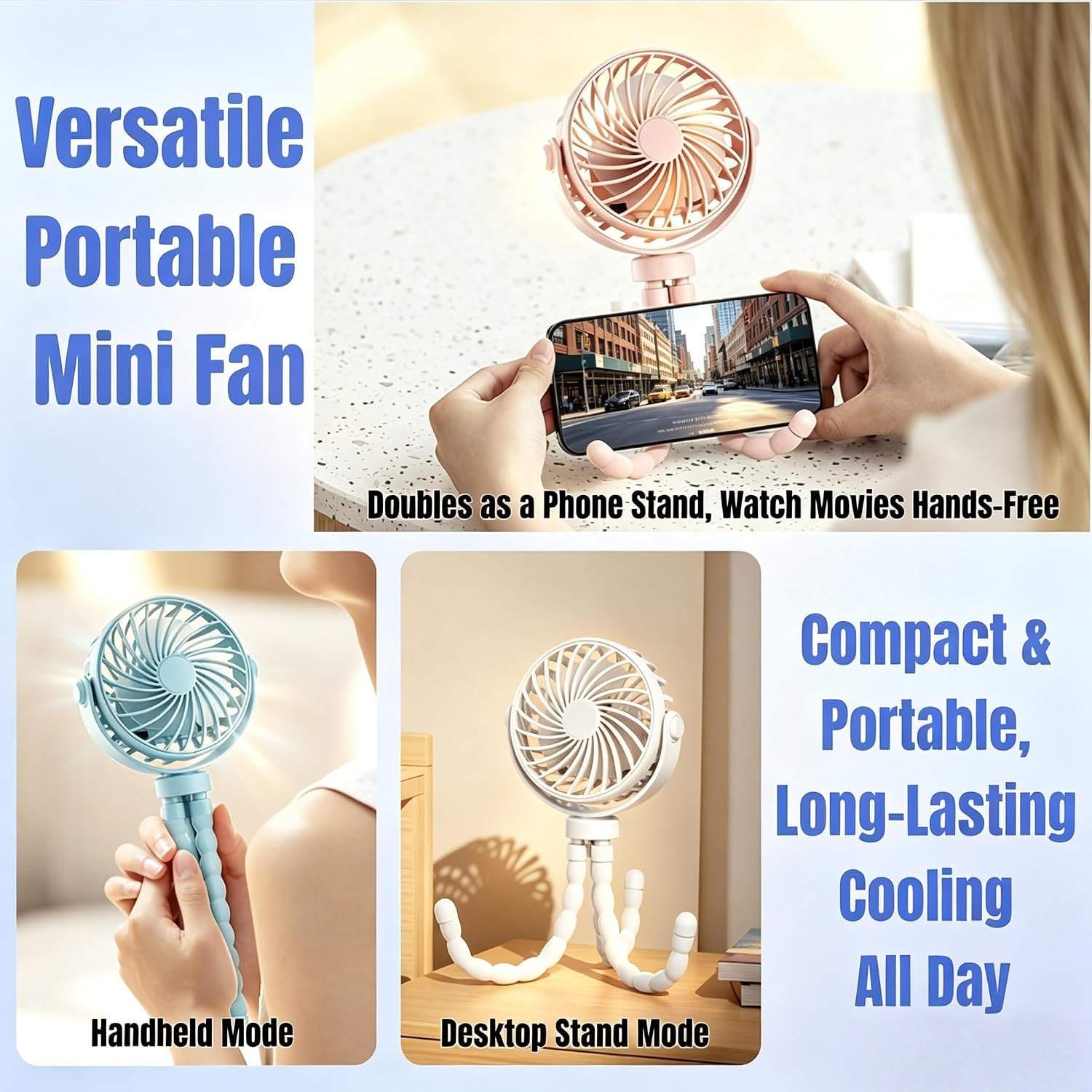 3 Inch USB Rechargeable Octopus Mini Fan, Flexible Tripod & Phone Holder, Quiet Safe Stroller Fan for Baby, Outdoor, Desktop & Handheld Use (White, Small)