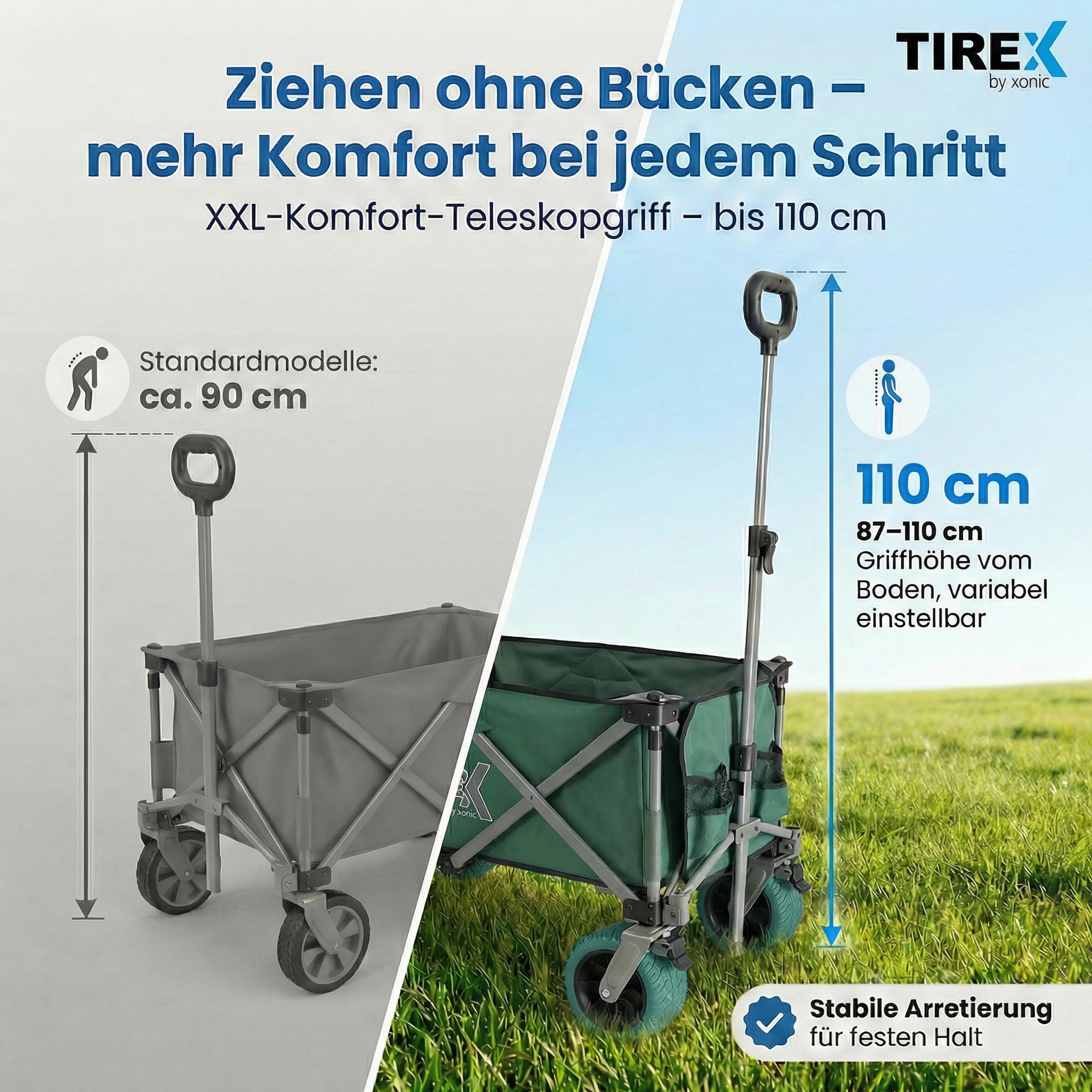 TIREX by xonic® Bollerwagen Faltbar PU XL Rädern aus Vollgummi – Strand & Garten Faltbarer verstellbarem Griff & Fußbremse – Robuster Transportwagen für Kinder & Camping (PU XL Räder, Grün)