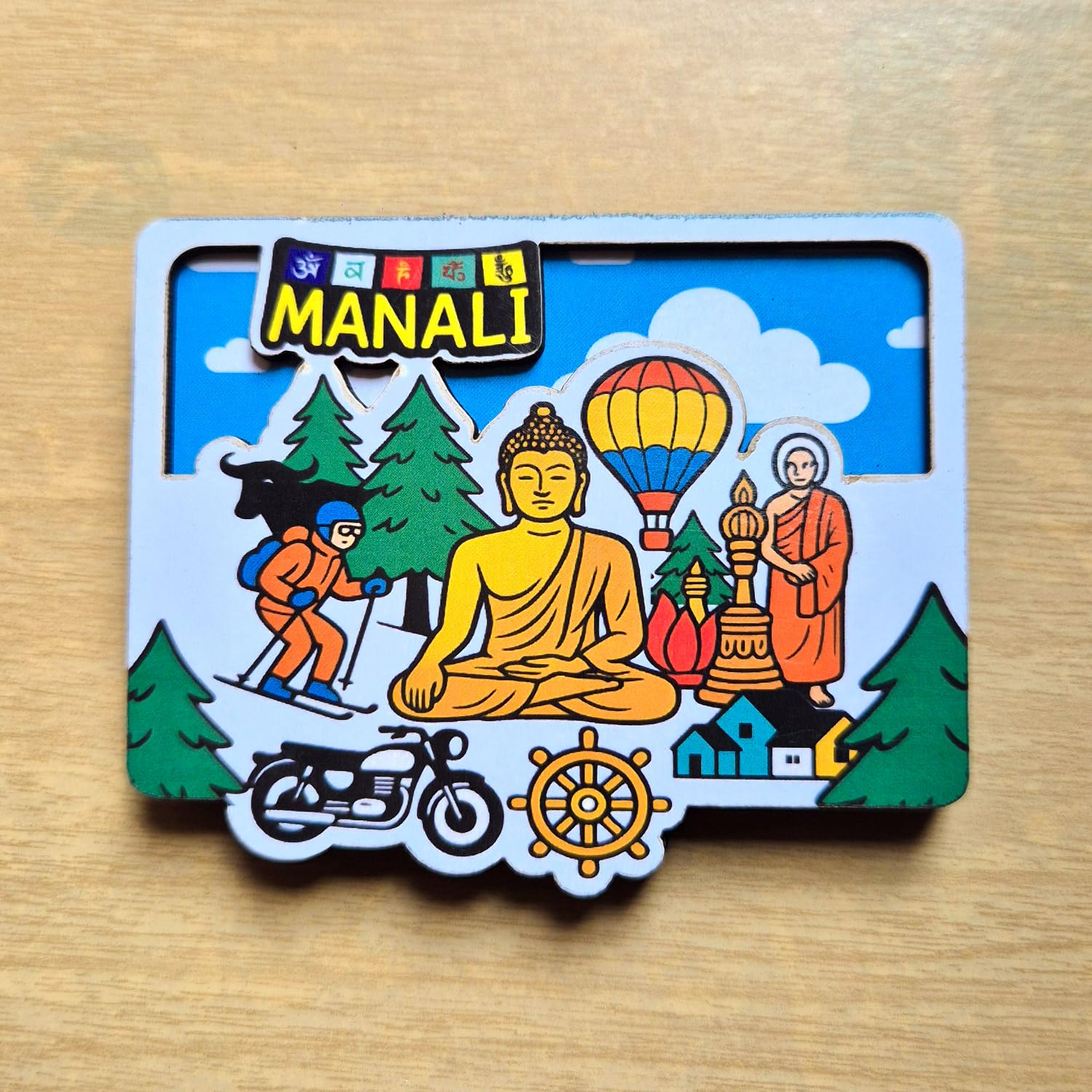 Tinywalk Manali 3D Wooden Fridge Magnet | Himachal Souvenir with Buddha, Skier & Hot-Air Balloon | Premium 3D-Effect Refrigerator Magnet for Home & Kitchen Décor