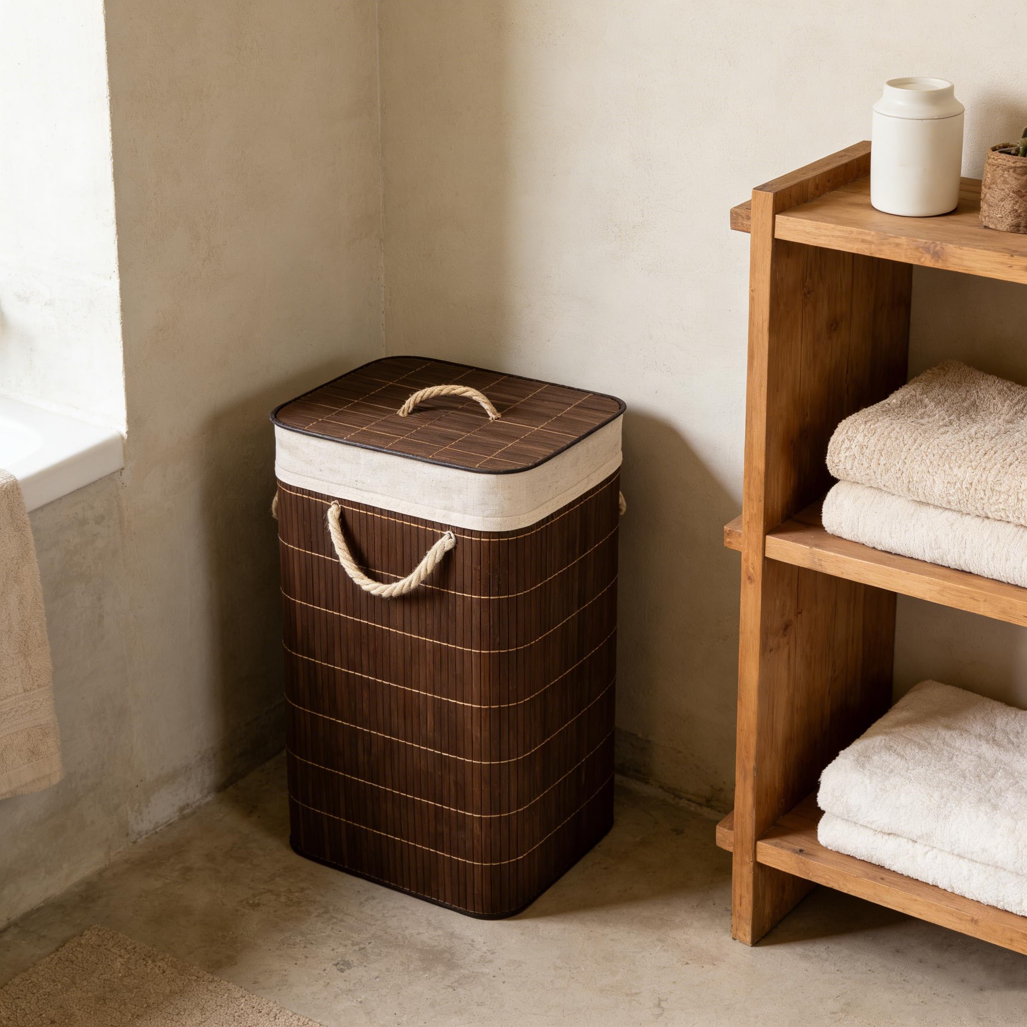 Cesto portabiancheria in bambù con coperchio, pieghevole, 58 l/72 l, in bambù naturale intrecciato, con borsa rimovibile, buon flusso d'aria (naturale, quadrato, 60 x 40 x 30 cm)