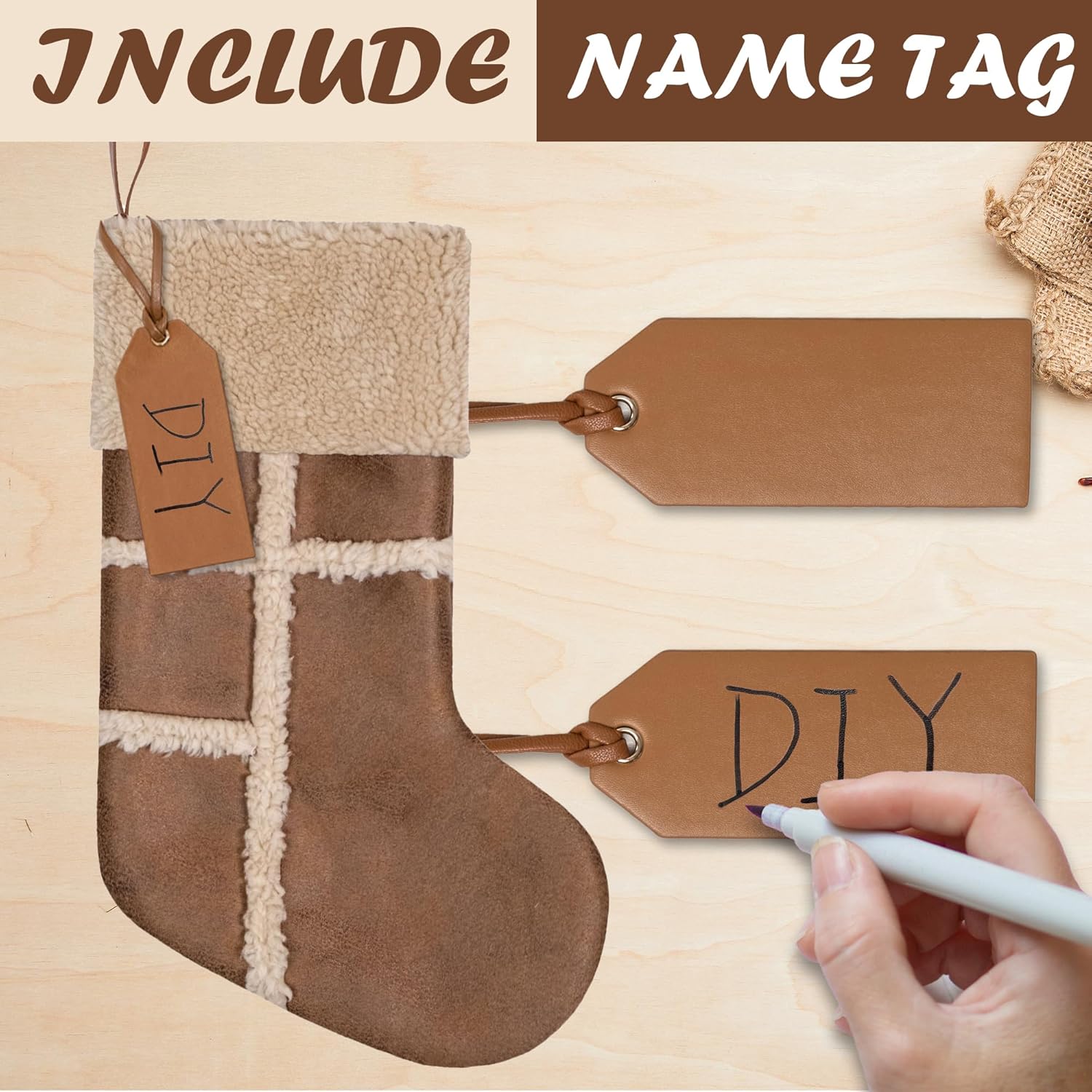 GEX Christmas Stockings 2 Pack with DIY Nametag for Family Large Pleather Plush Luxury Faux-Wool Boho Modern Neutral Stockings Fireplace Decorations Ornaments for Xmas (Dark Brown & Pink) - Image 3