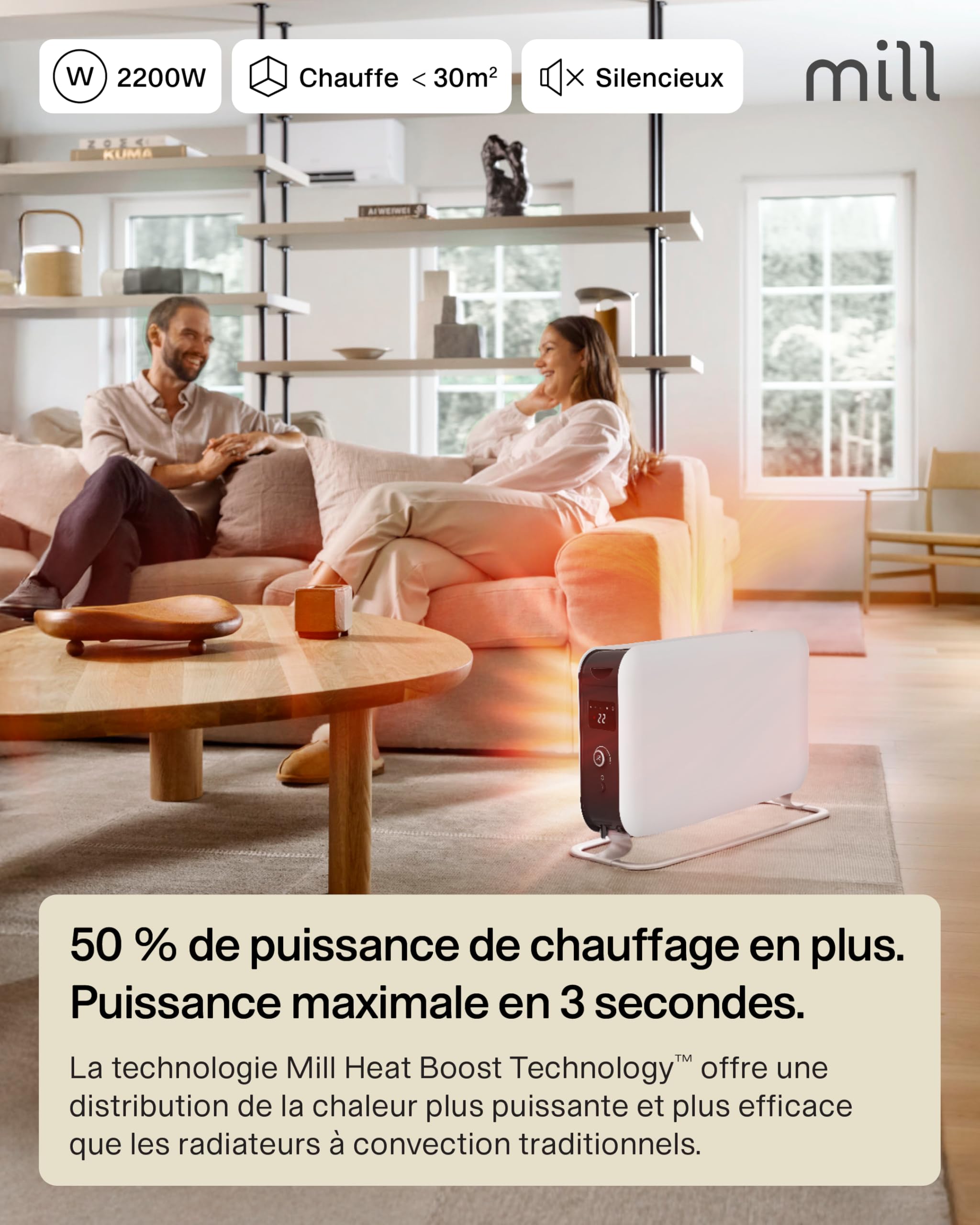 Mill Radiateur Electrique Instant Max 2200W – Radiateur d’appoint, pour 26–30m², Chauffage Portable Rapide et Silencieux avec écran LED, Convecteur Électrique Design Norvégien