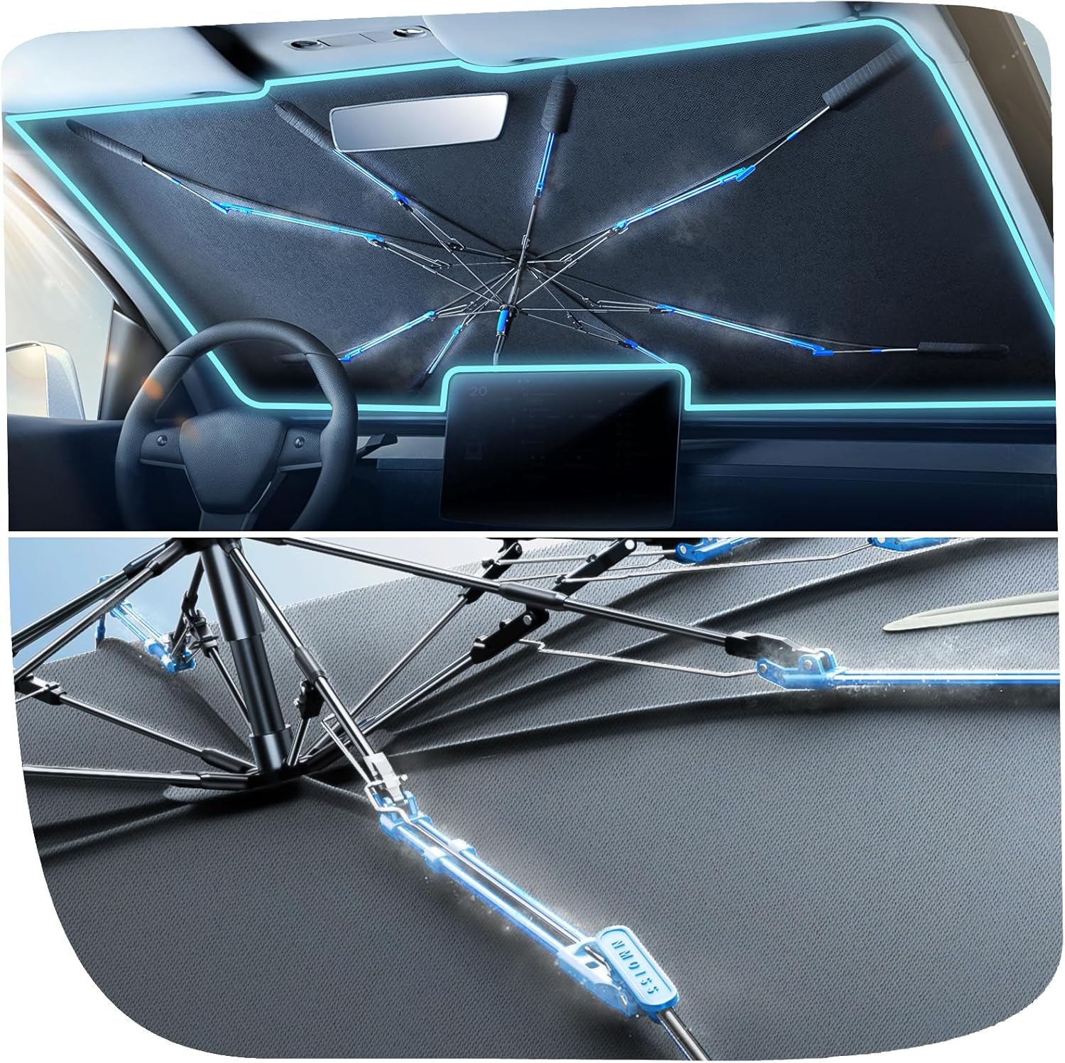 Upgraded Nmoiss Windshield Sun Shade Umbrella [Ice Rib] High Speed ​​Cooling 99% UV Blocking Protects Car from Sun and Heat Damage, Keeps Cool and Protects Interior Medium (56" L x 31" W)