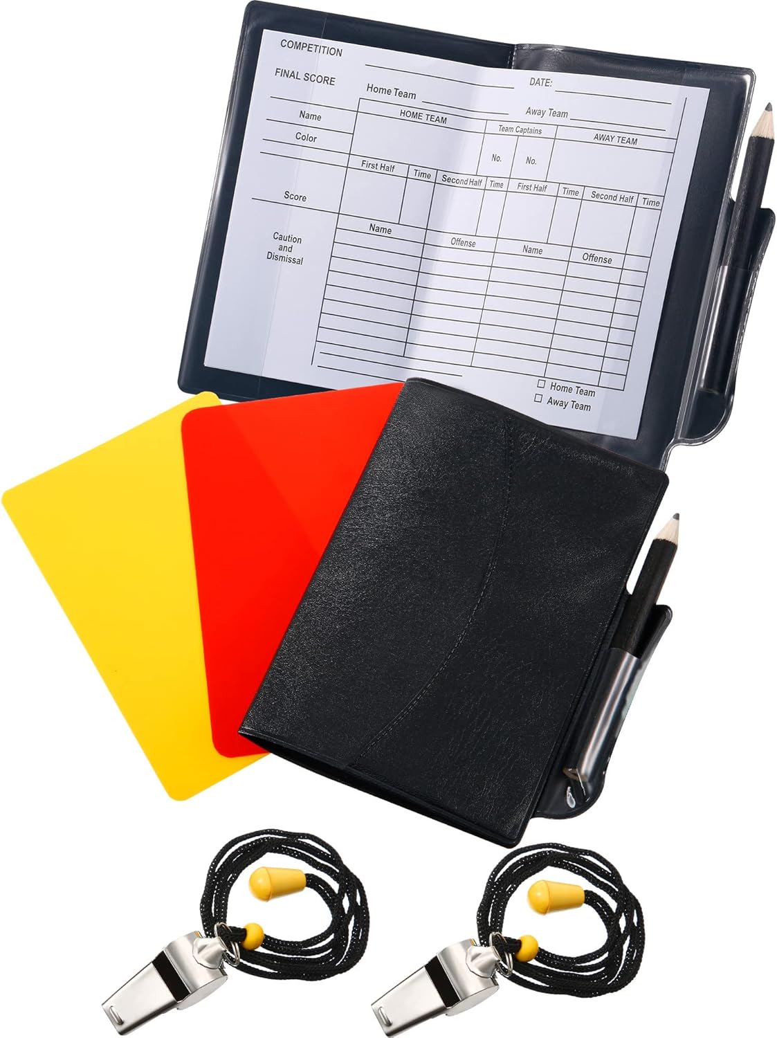 Blulu 2 Sets Soccer Referee Card Kit Red Yellow Double Cards with 2 Metal Referee Whistles, 2 Scorebooks and 2 Pencils for Football Volleyball Rugby Matches Training
