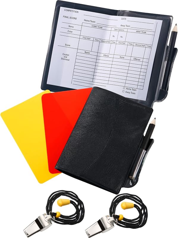 Blulu 2 juegos de tarjetas de árbitro de fútbol, ​​tarjetas rojas y amarillas con silbatos de metal | Incluye marcadores, lápices para seguimiento, silbatos de metal con cordones, para partidos de entrenamiento de fútbol, ​​voleibol, rugby