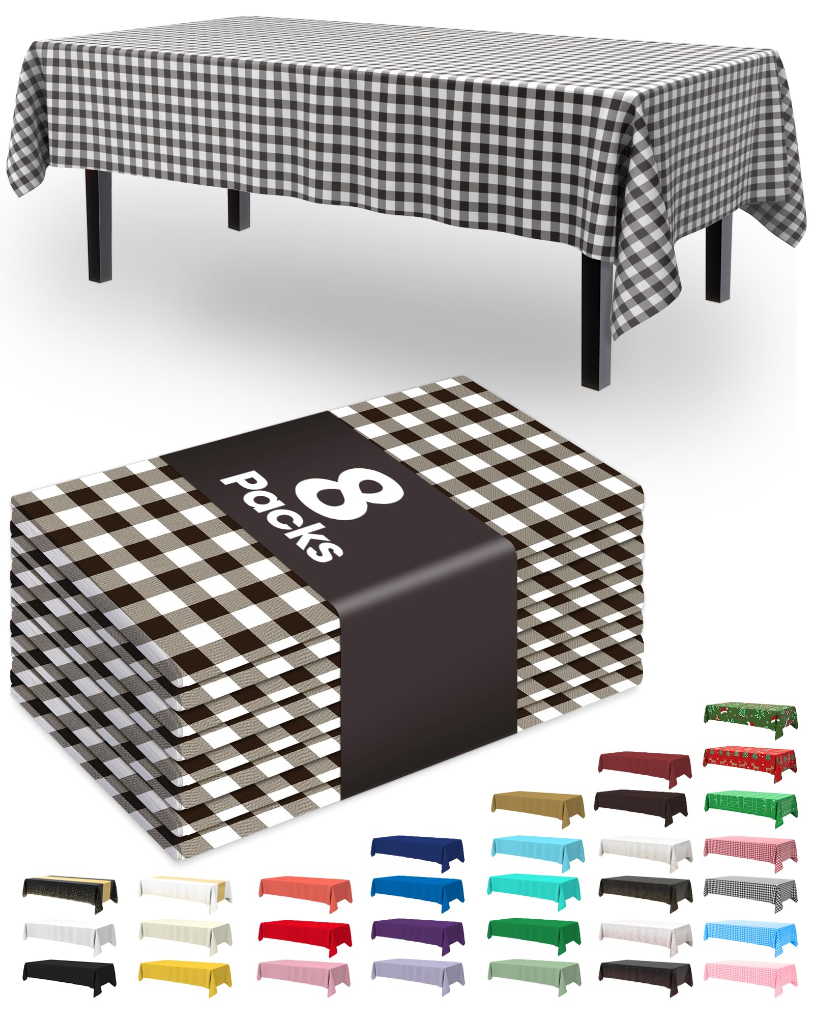 Pureegg Plastic Table Cloth Disposable 8 Pack, 54 x 108 Inch Table Cloths, Party, Picnic, Decorative Gingham Tablecloths, Rectangle, Black and White Checkered Cover, Leakproof &amp; Sturdy, Black Plaid