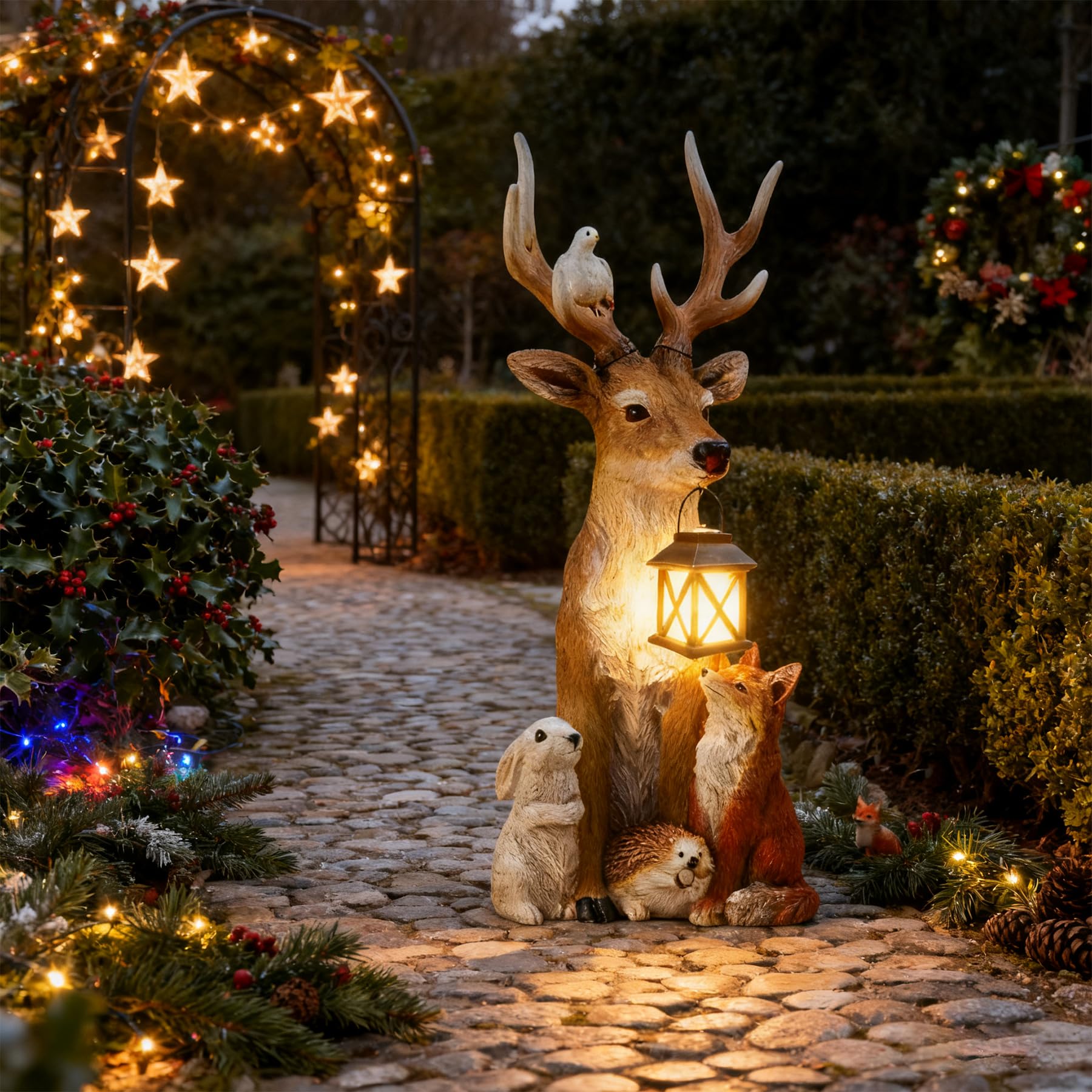 YeahBoom Weihnachtsdeko Hirsch Mit LED Laterne,Weihnachtsdeko Aussen Figuren,Gartenfigur REH,Gartendeko Figuren Elch,Gartenfiguren aus Kunstharz,Weihnachtsdeko Aussen,Gartenfiguren für Außen Garten
