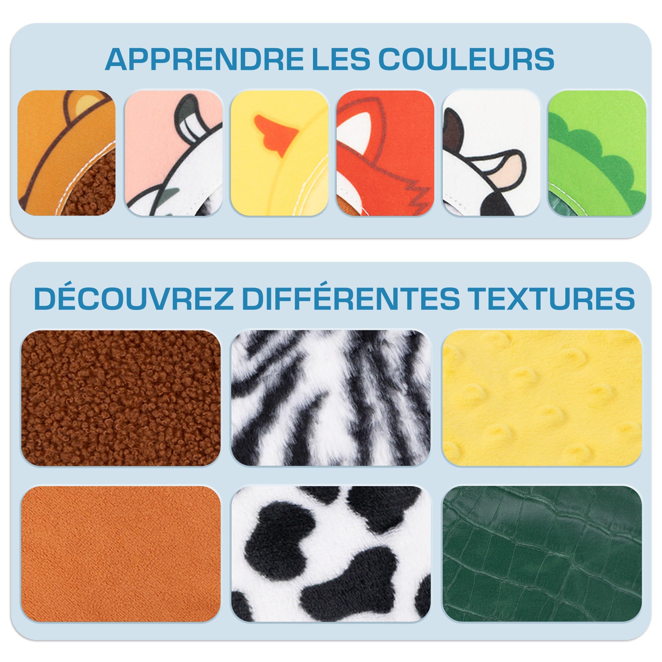 The Little Ones Malin I Livre sensoriel d’éveil Montessori de motricité fine en français pour bébé de 1 à 3 ans, cadeau pour fille et garçon busy board avec animaux, textures et pages en couleurs.