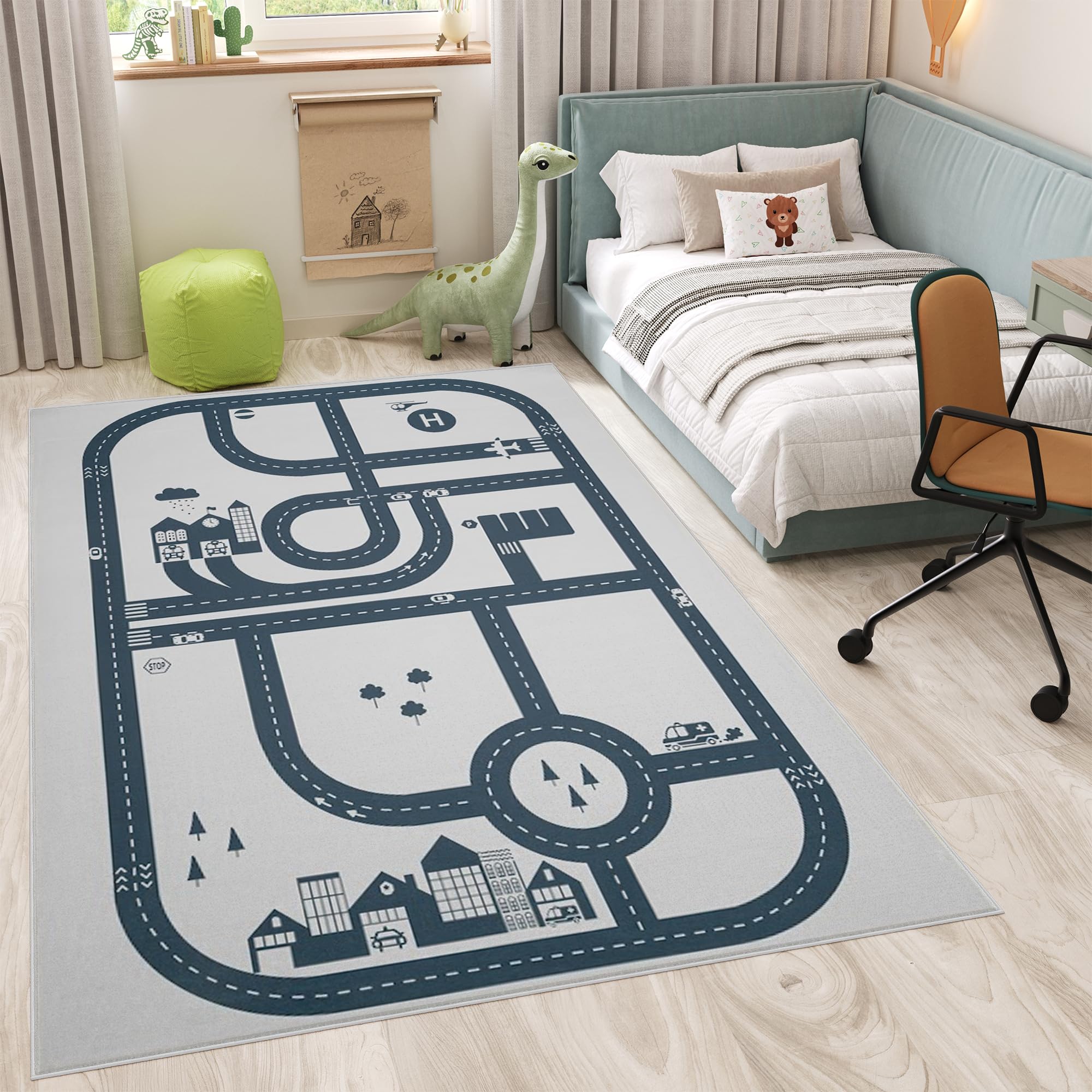 TAPISO Snooki Kinderteppich Straßen Auto Grau rutschfest 120 x 160 cm | Kinder Teppich Strapazierfähig Pflegeleicht weich Deko OEKO-TEX