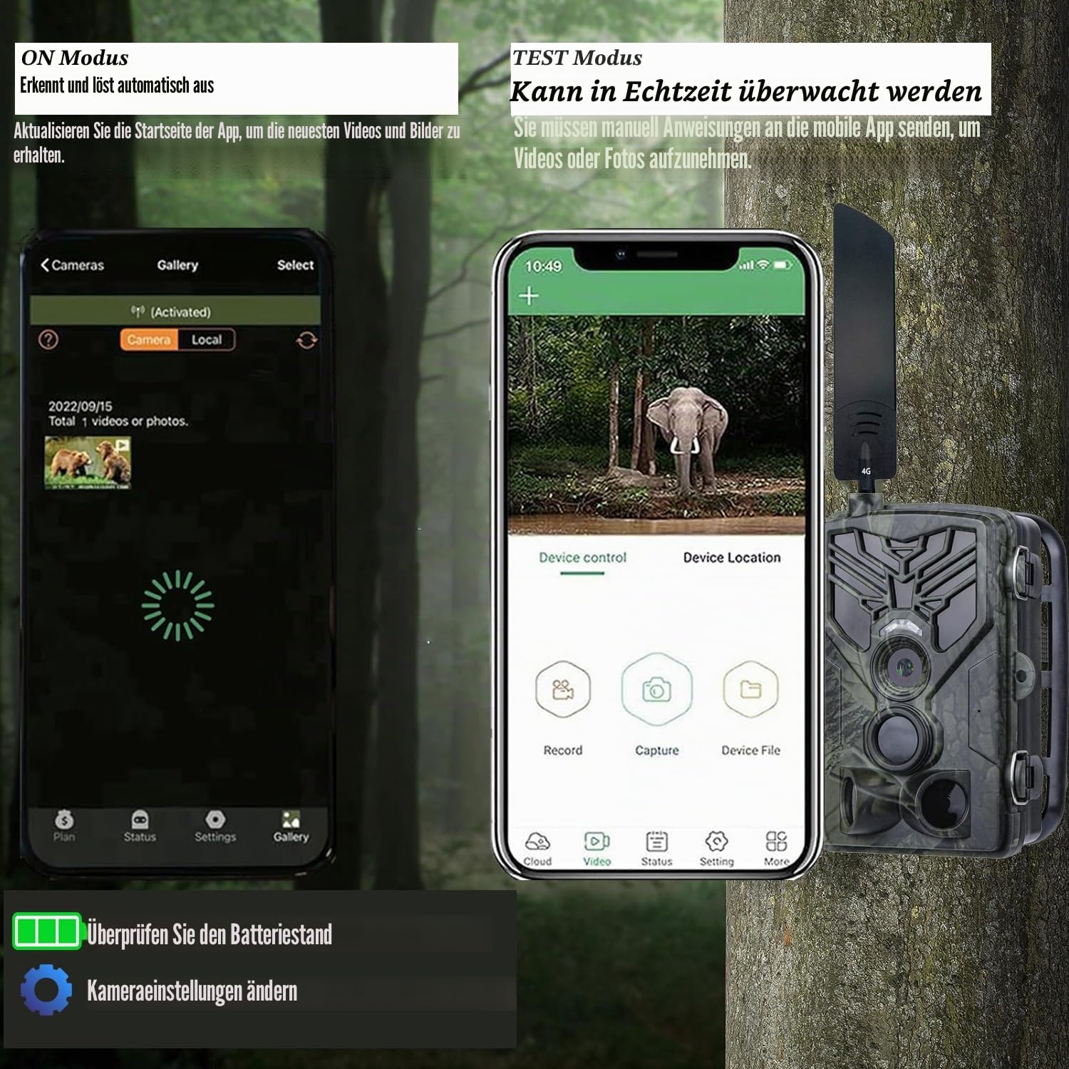 Wildkamera 4G APP, 120 MP 4K, Wildtierkamera mit SIM-Karte, Telefon-Sende-Foto, Nachtsichtkamera 850nm IR LED, Wildkamera mit Bewegungsmelder Nachtsicht, 120° Erfassungswinkel, IP65